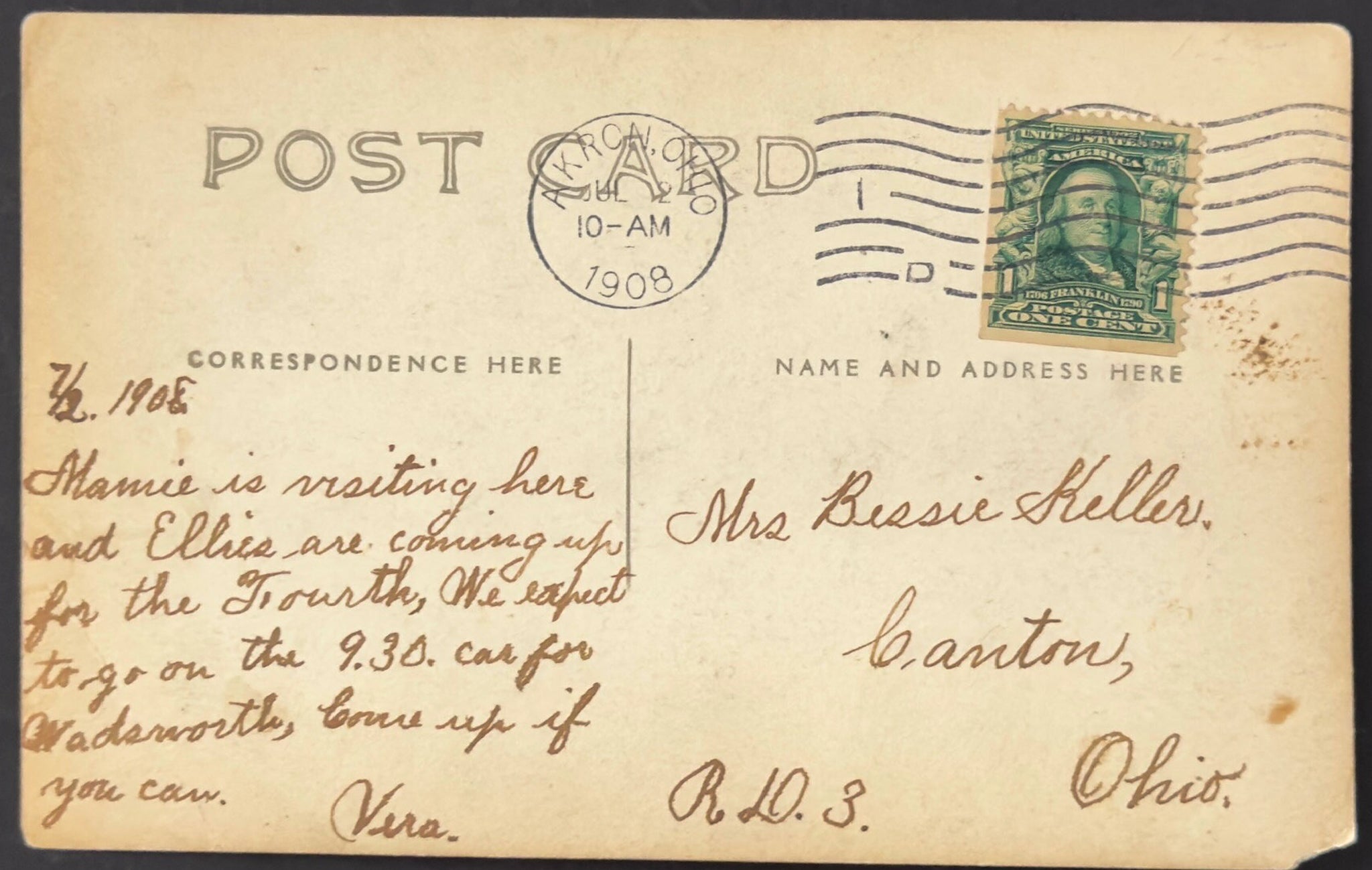 Vintage postcard with postage stamp and handwritten text, featuring a stamp with a portrait and date.
