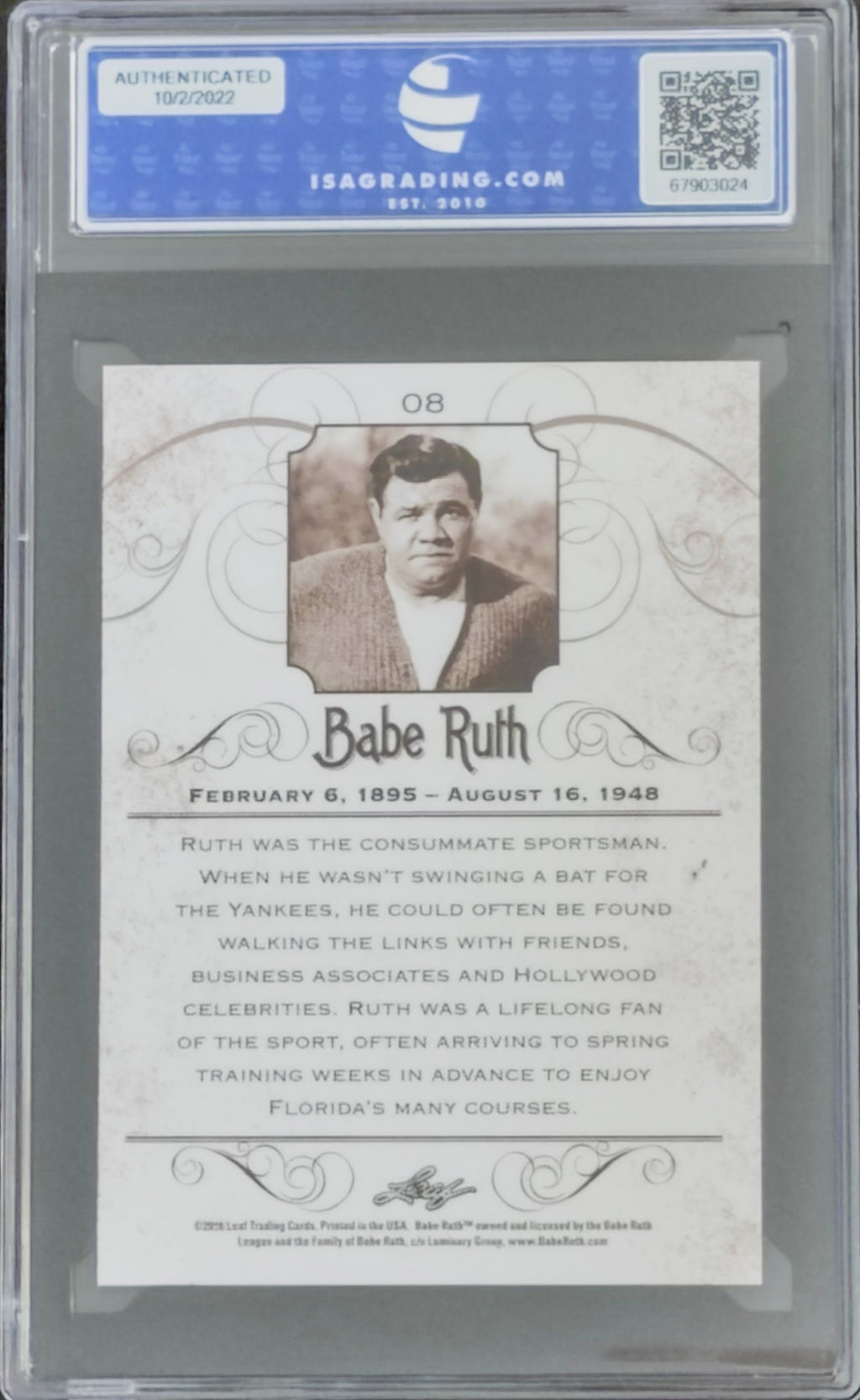 Baseball card featuring Babe Ruth with a Graded Com logo at the top.