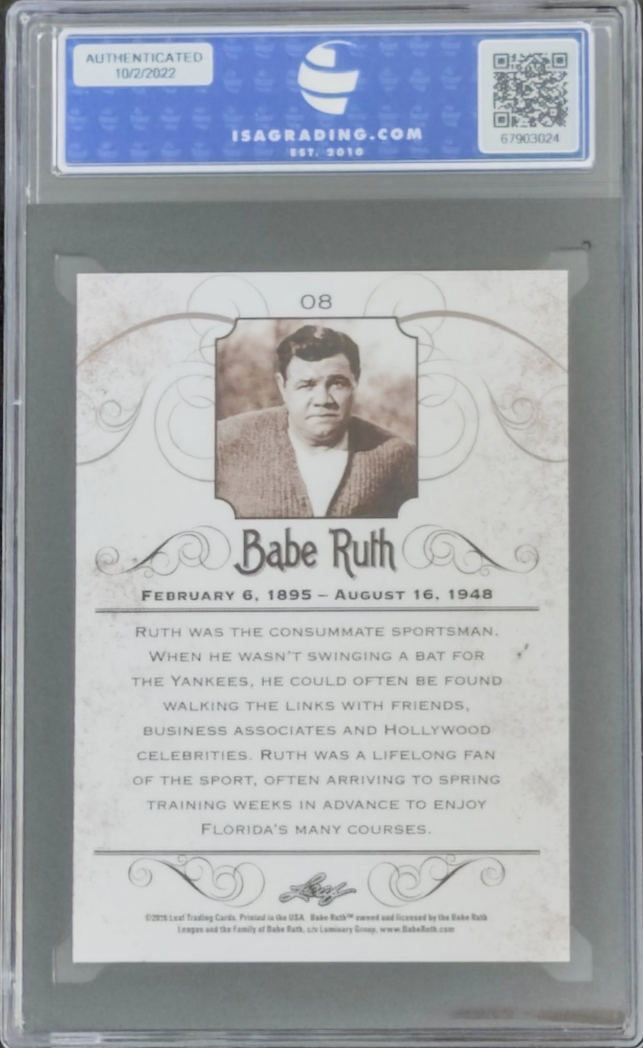 Baseball card featuring Babe Ruth with a Graded Com logo at the top.