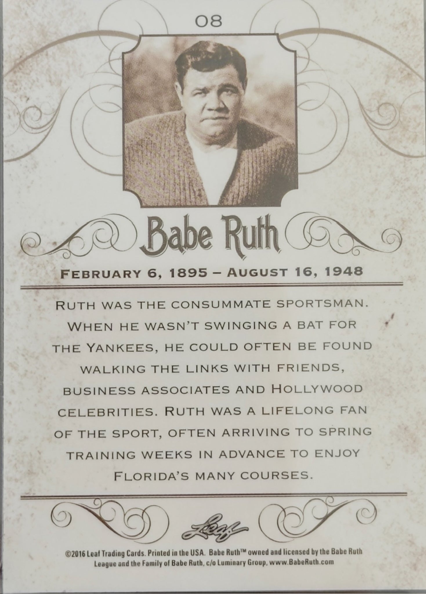 Card featuring a portrait of Babe Ruth with biographical text on a decorative background