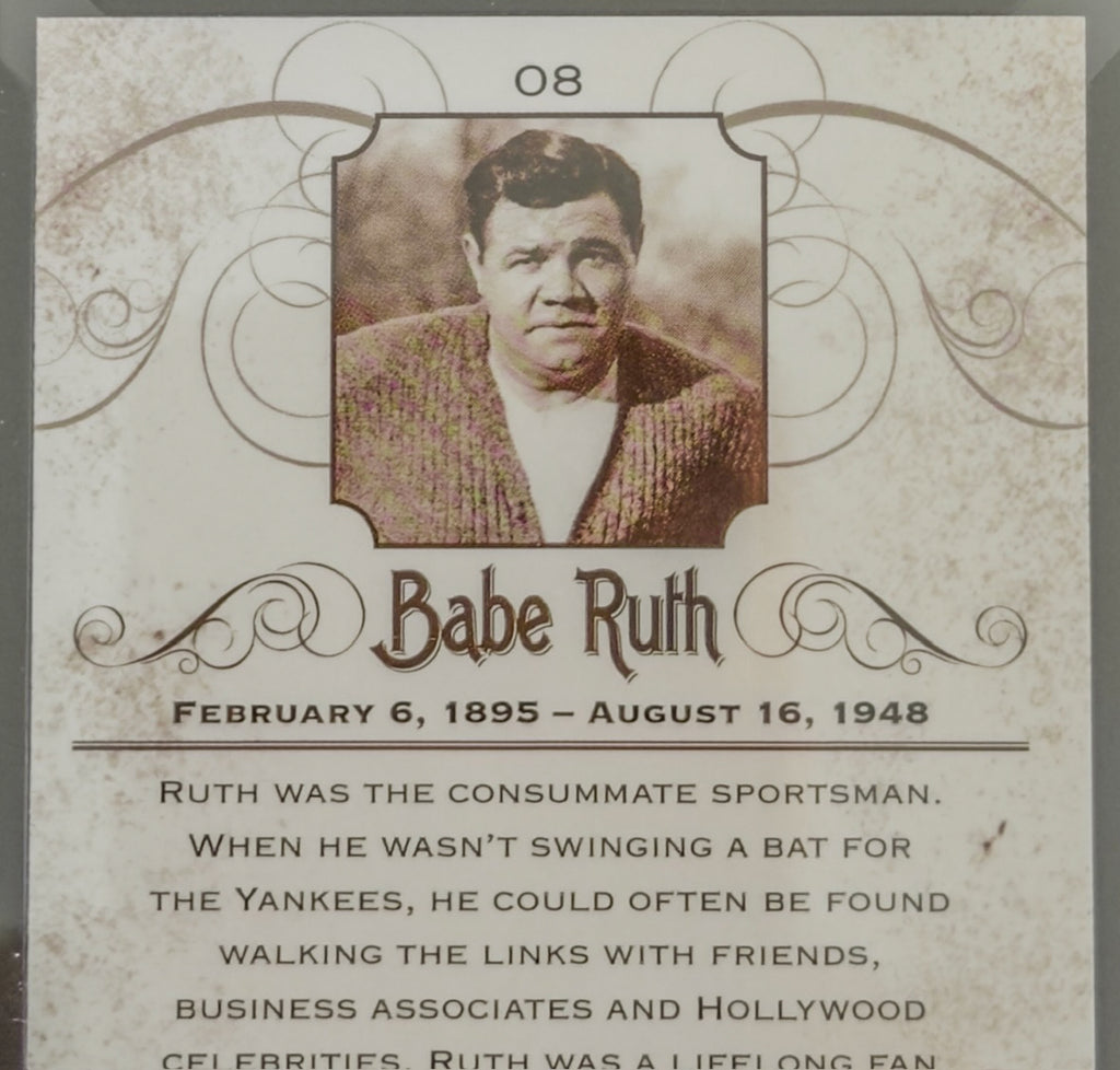 Memorial card for Babe Ruth with his portrait and biography on a decorative background