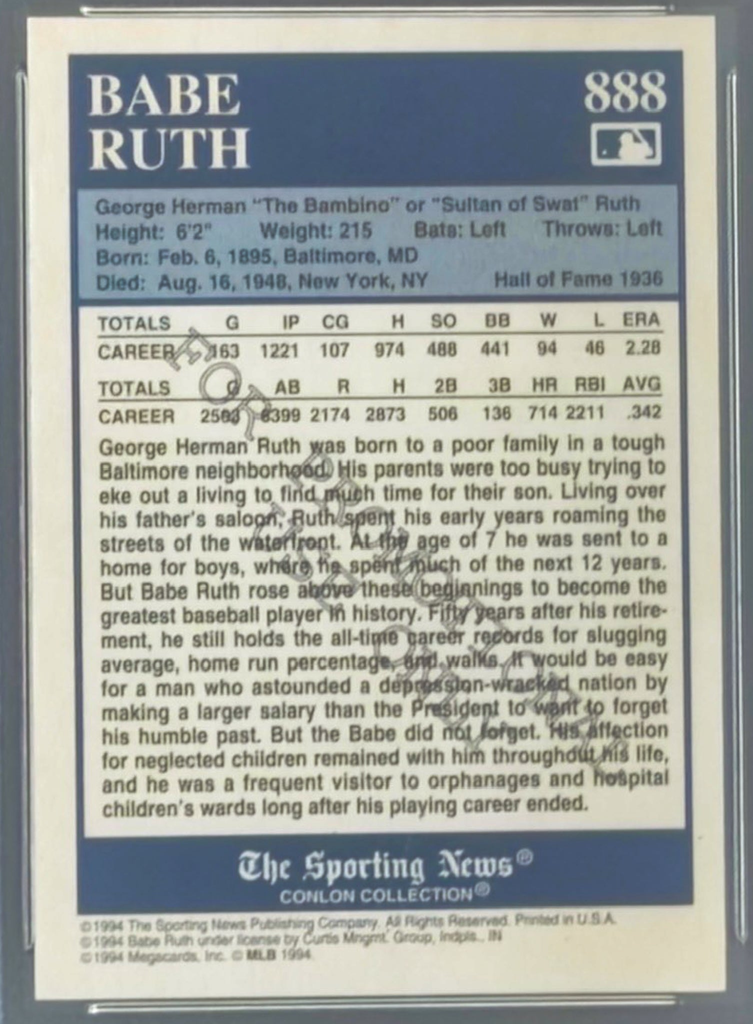 Baseball card featuring Babe Ruth with player information and statistics.