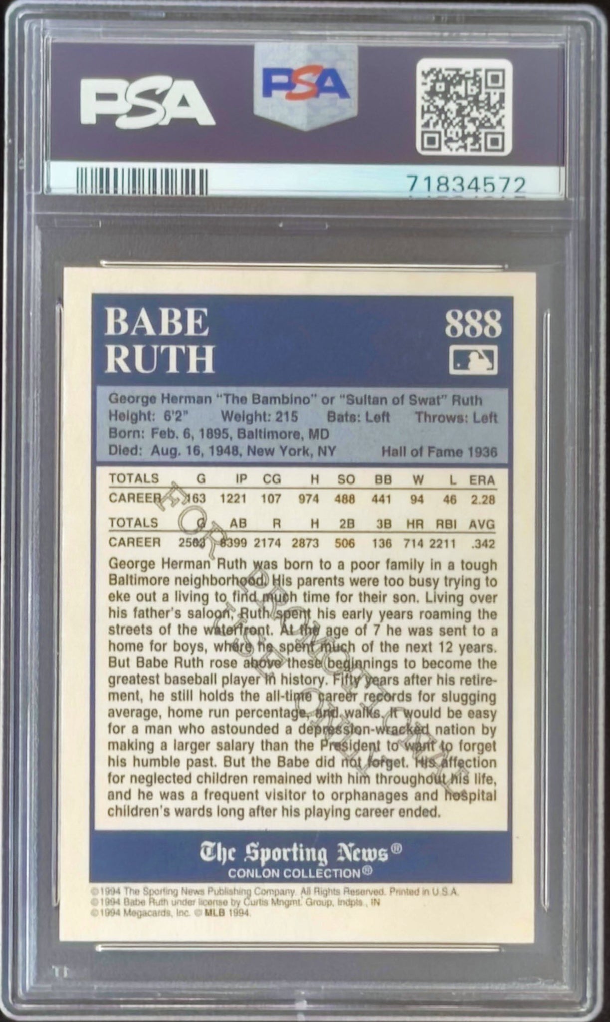 Baseball trading card back with Babe Ruth information, framed by PSA and FSA logos.