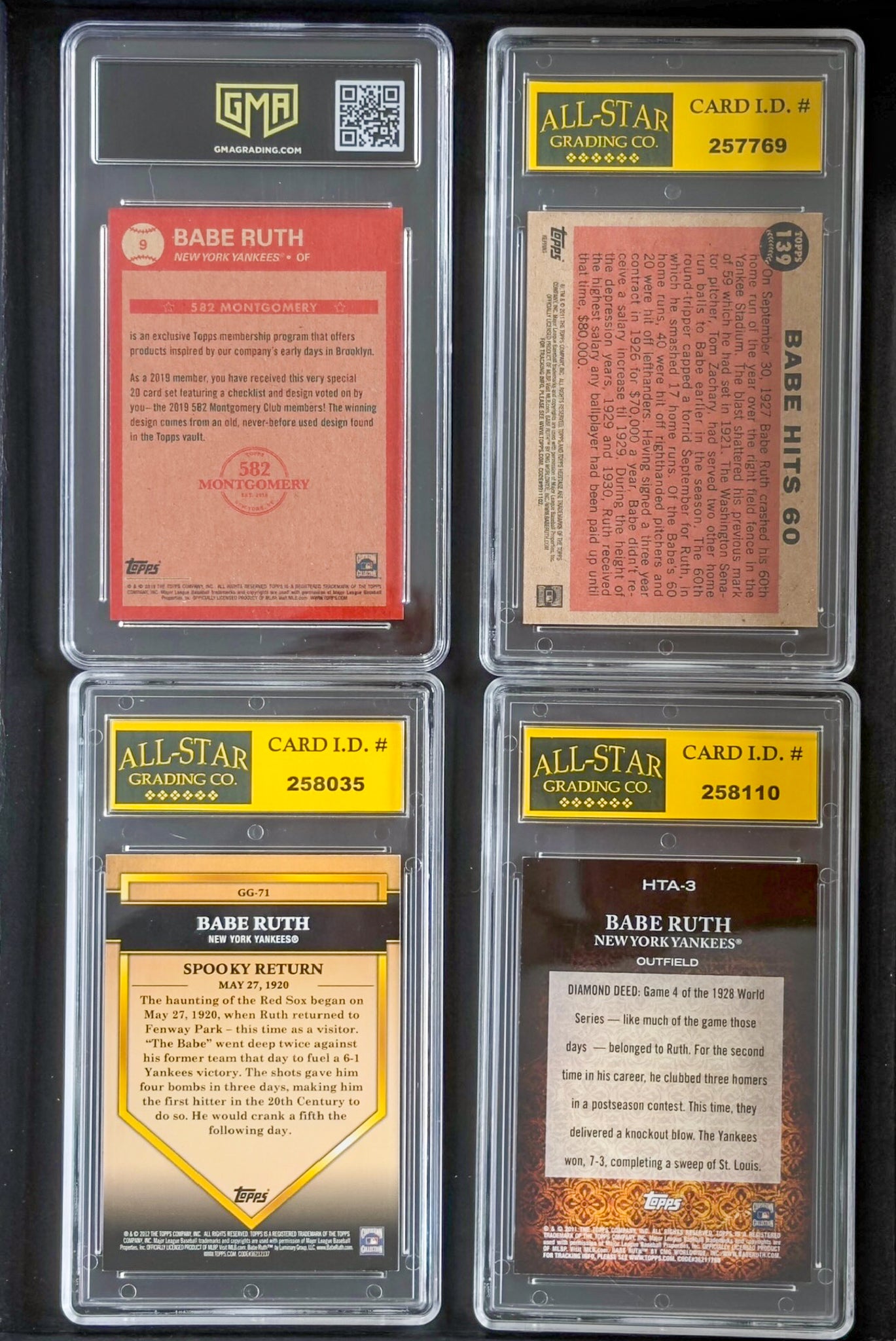 Four Babe Ruth trading cards in protective cases with GMA and All-Star Grading labels.