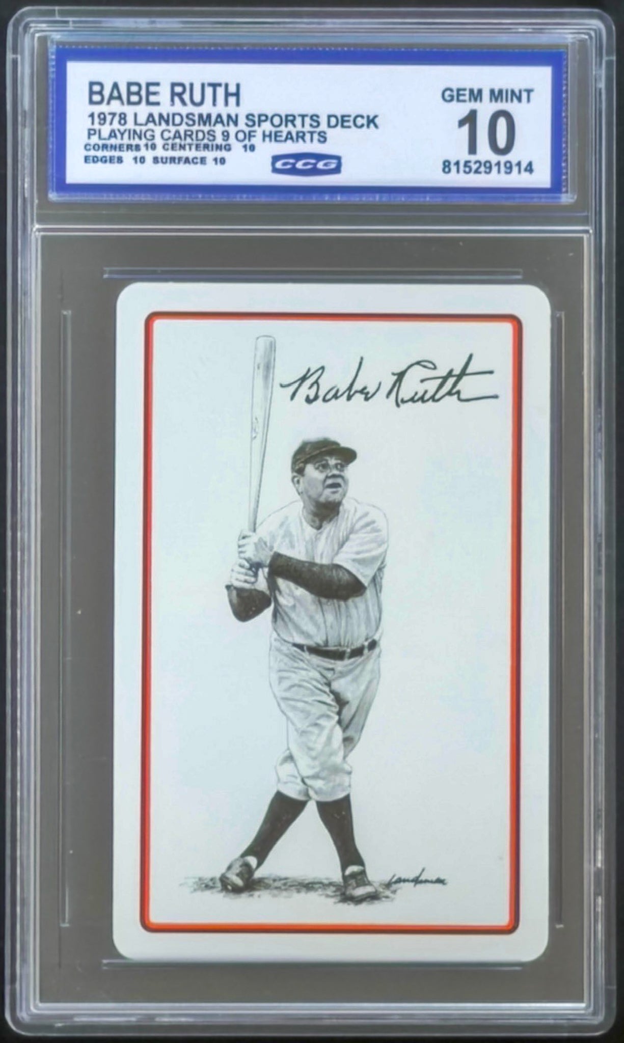 Babe Ruth card from 1978 Landman Sports Deck in a protective case with a grading label.