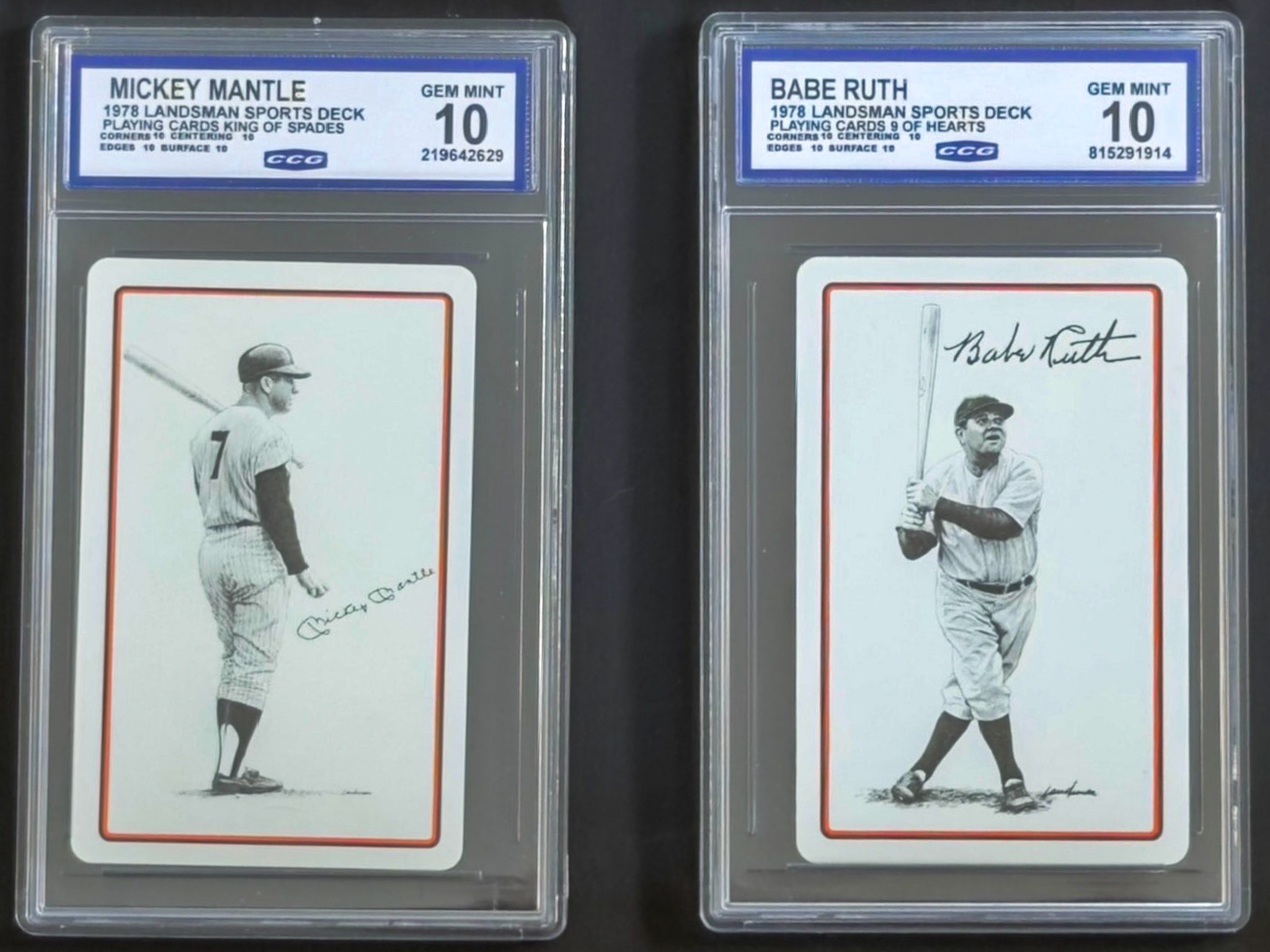 Two vintage baseball trading cards of Mickey Mantle and Babe Ruth in protective cases with grading labels.