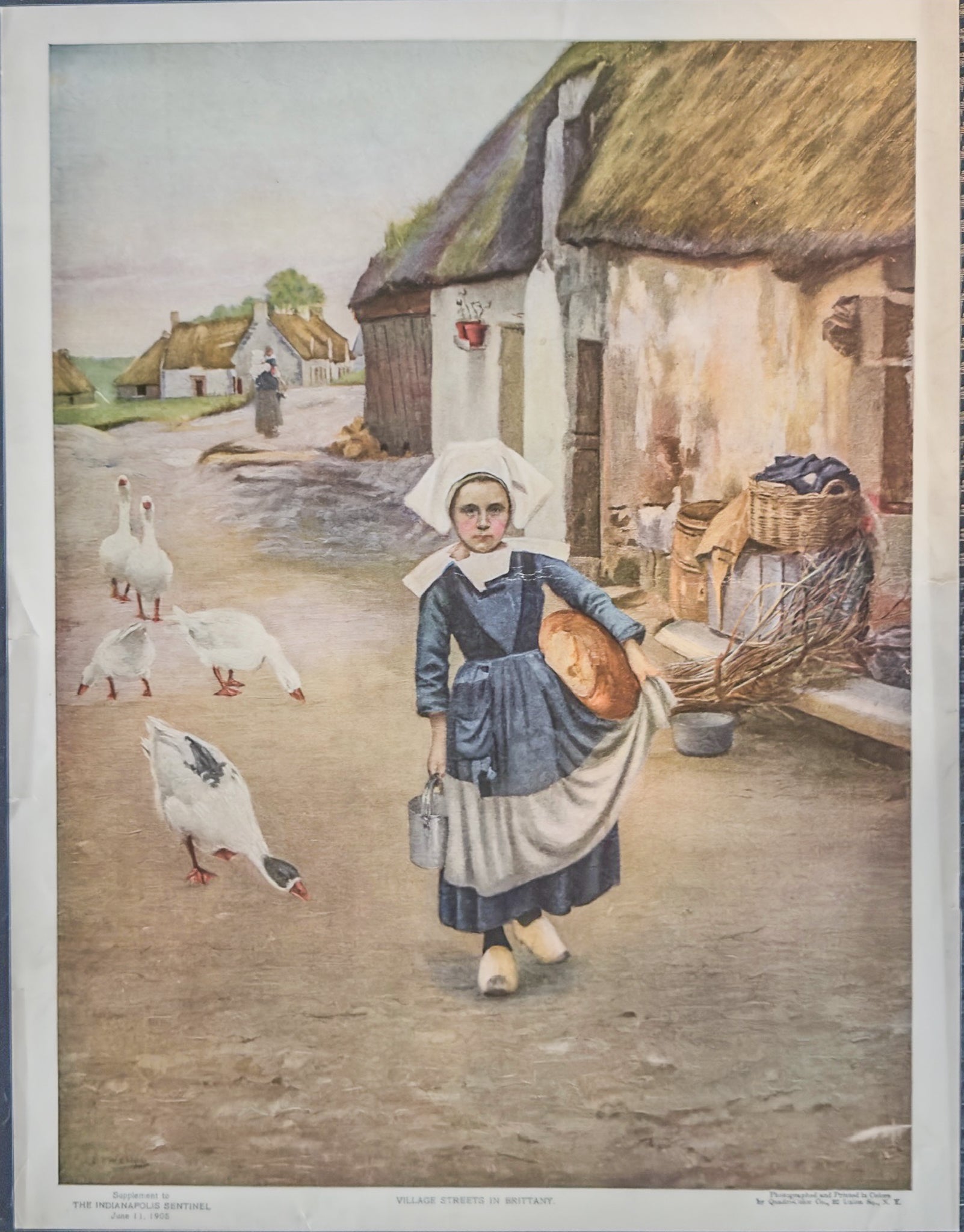 Vintage illustration of a woman in traditional attire with geese in a village setting