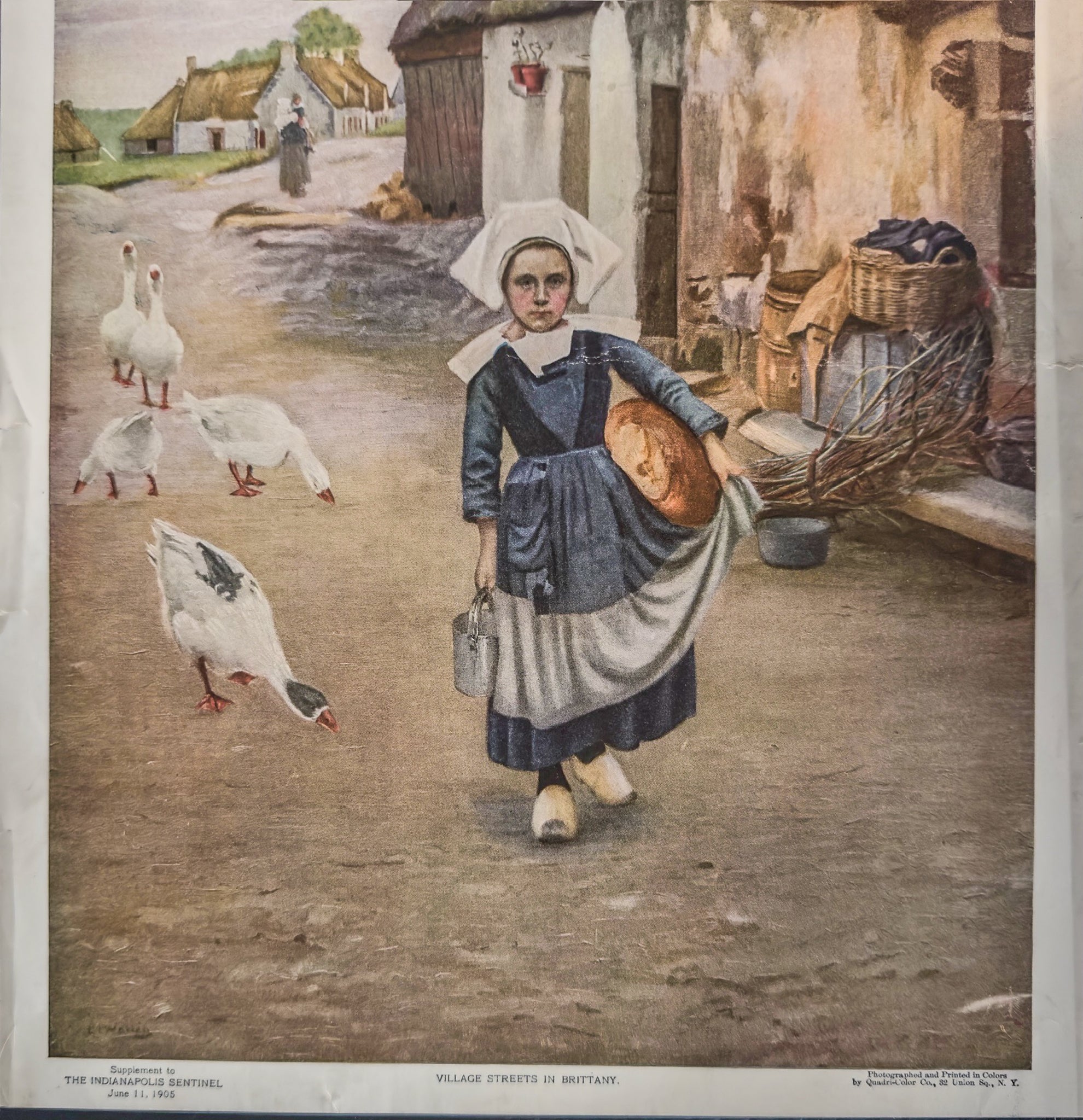 Woman in traditional dress walking with geese on a village street in Brittany