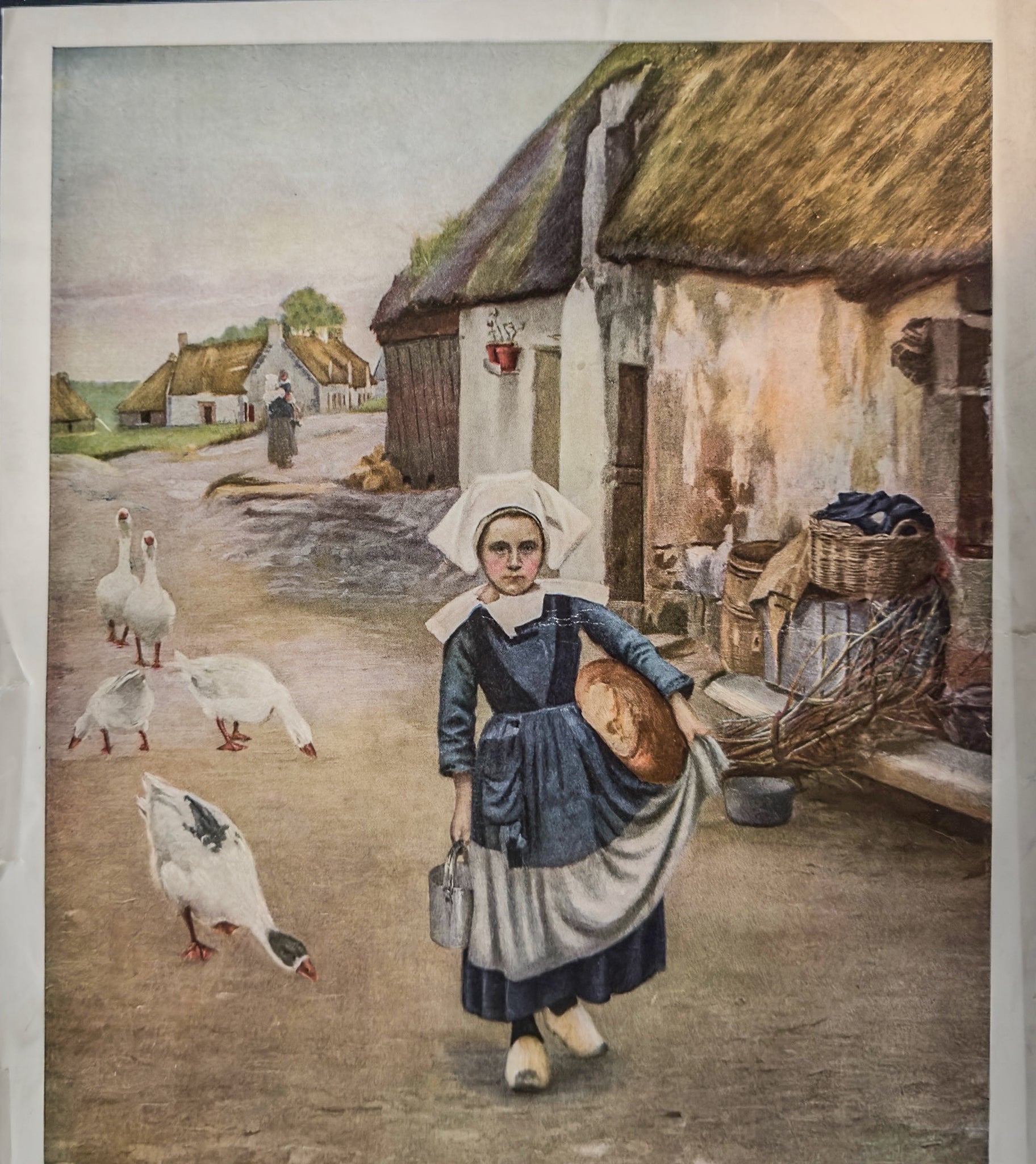 Painting of a young girl in a village with ducks and a thatched-roof house.