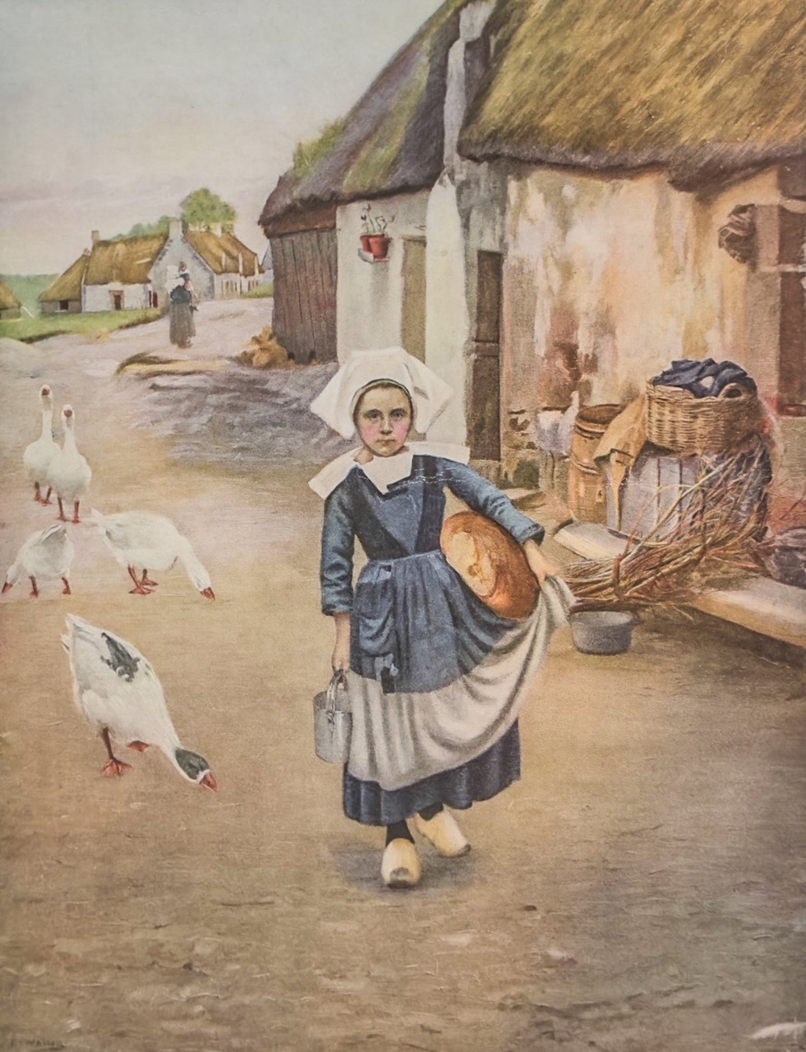Vintage illustration of a woman in a rural setting with ducks and a thatched-roof house.