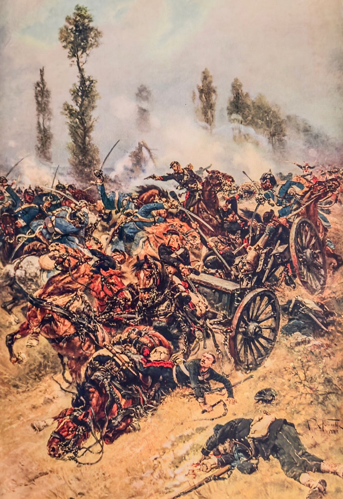 Artistic depiction of a battle scene with soldiers and horses in a chaotic environment.