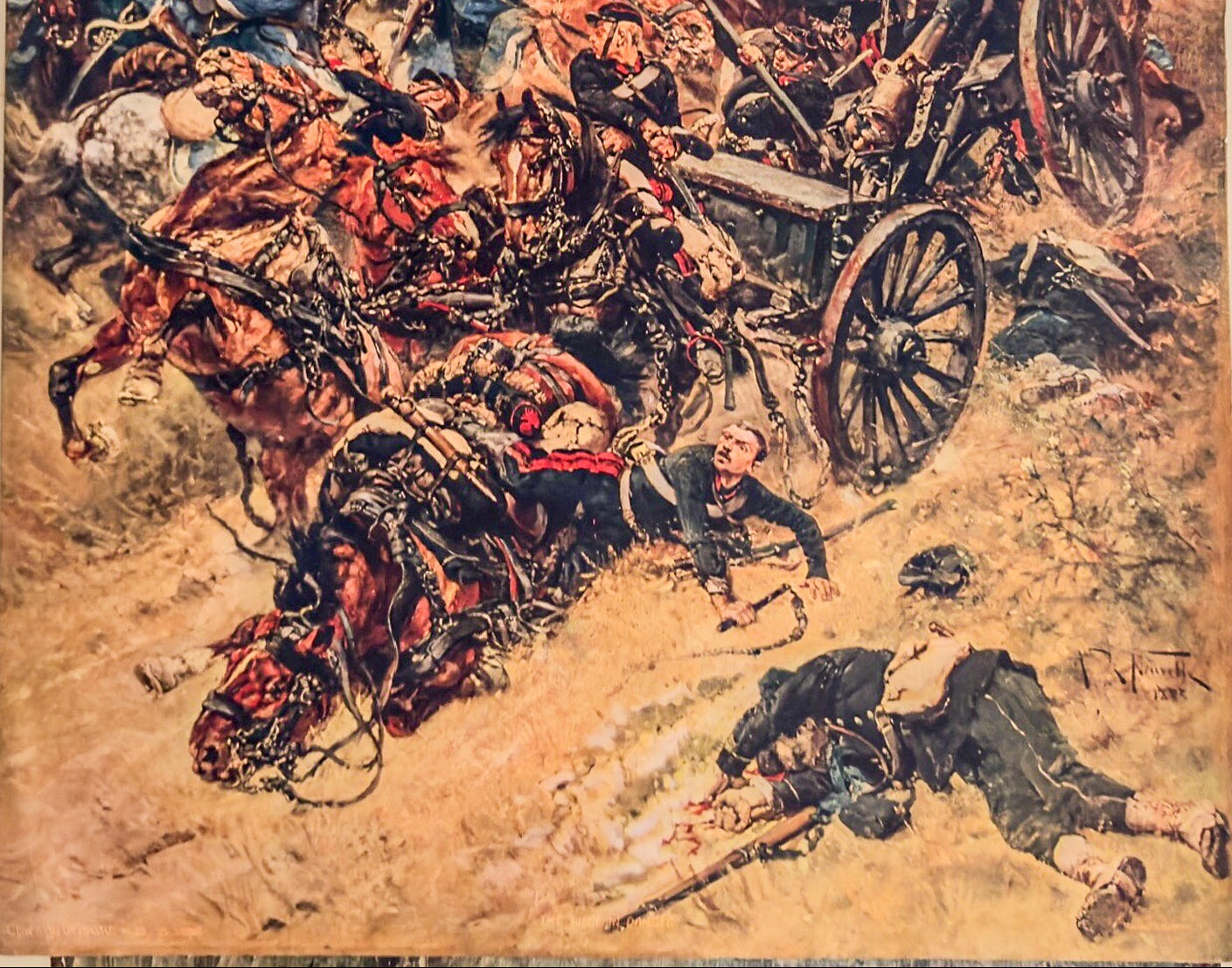 Artistic depiction of a battle scene with soldiers and horses in a chaotic environment.