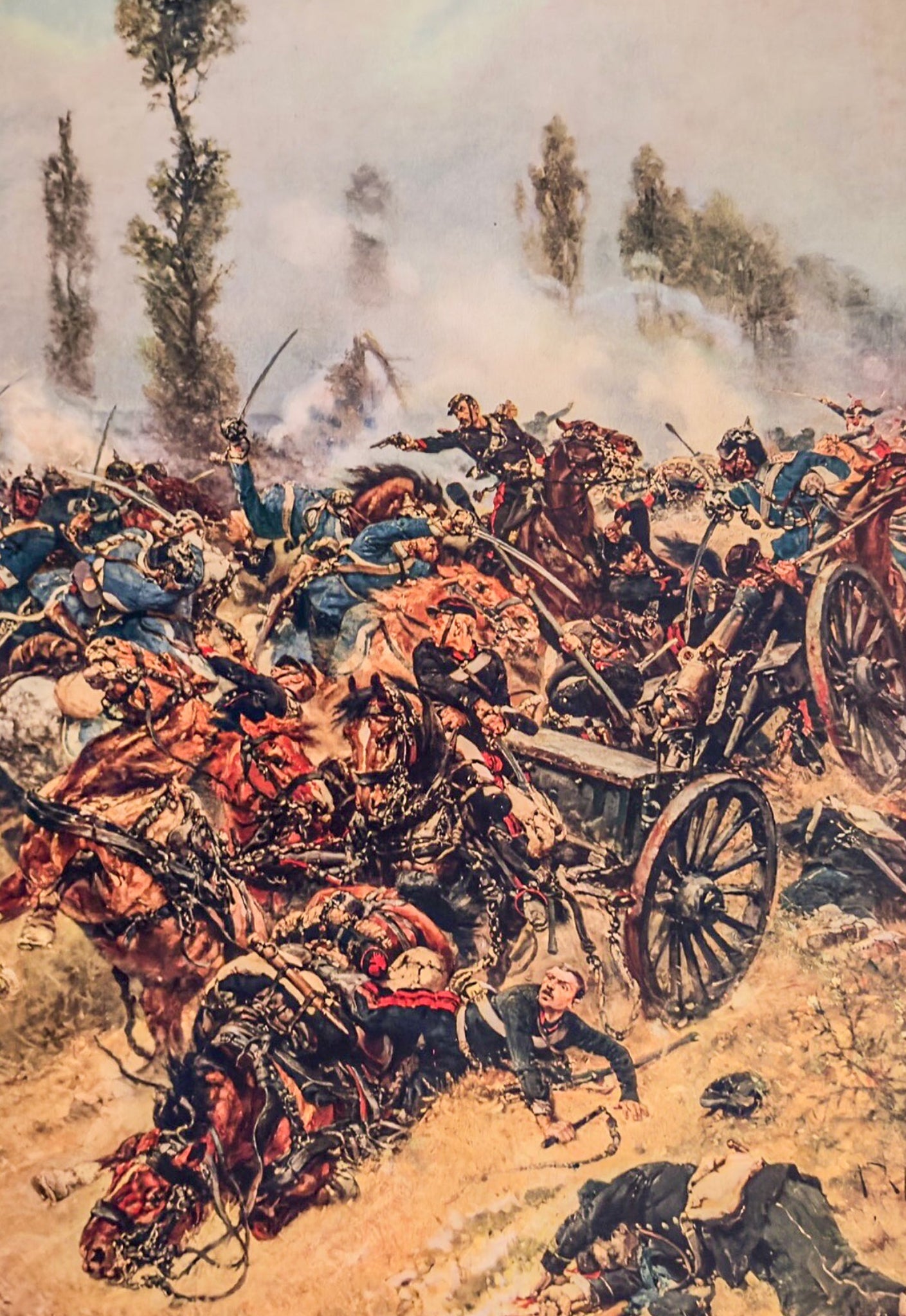 Artistic depiction of a battle scene with soldiers and horses in a chaotic environment.