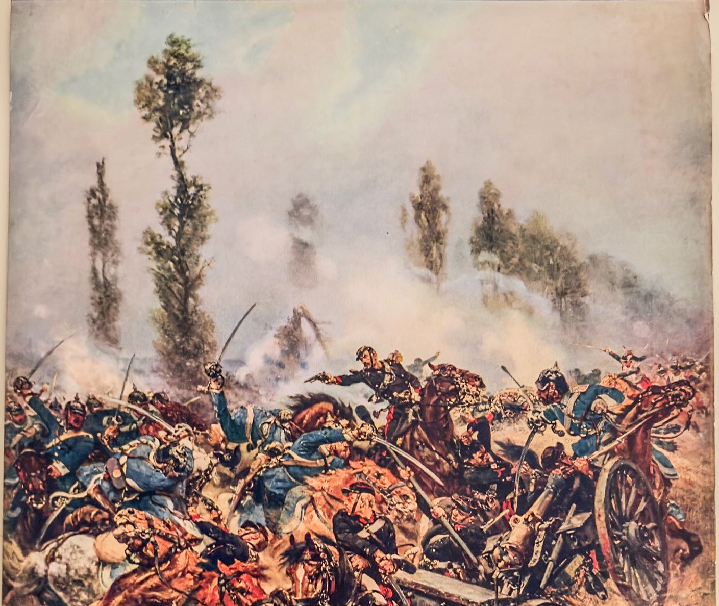 Artistic depiction of a battle scene with soldiers and horses in a chaotic environment.