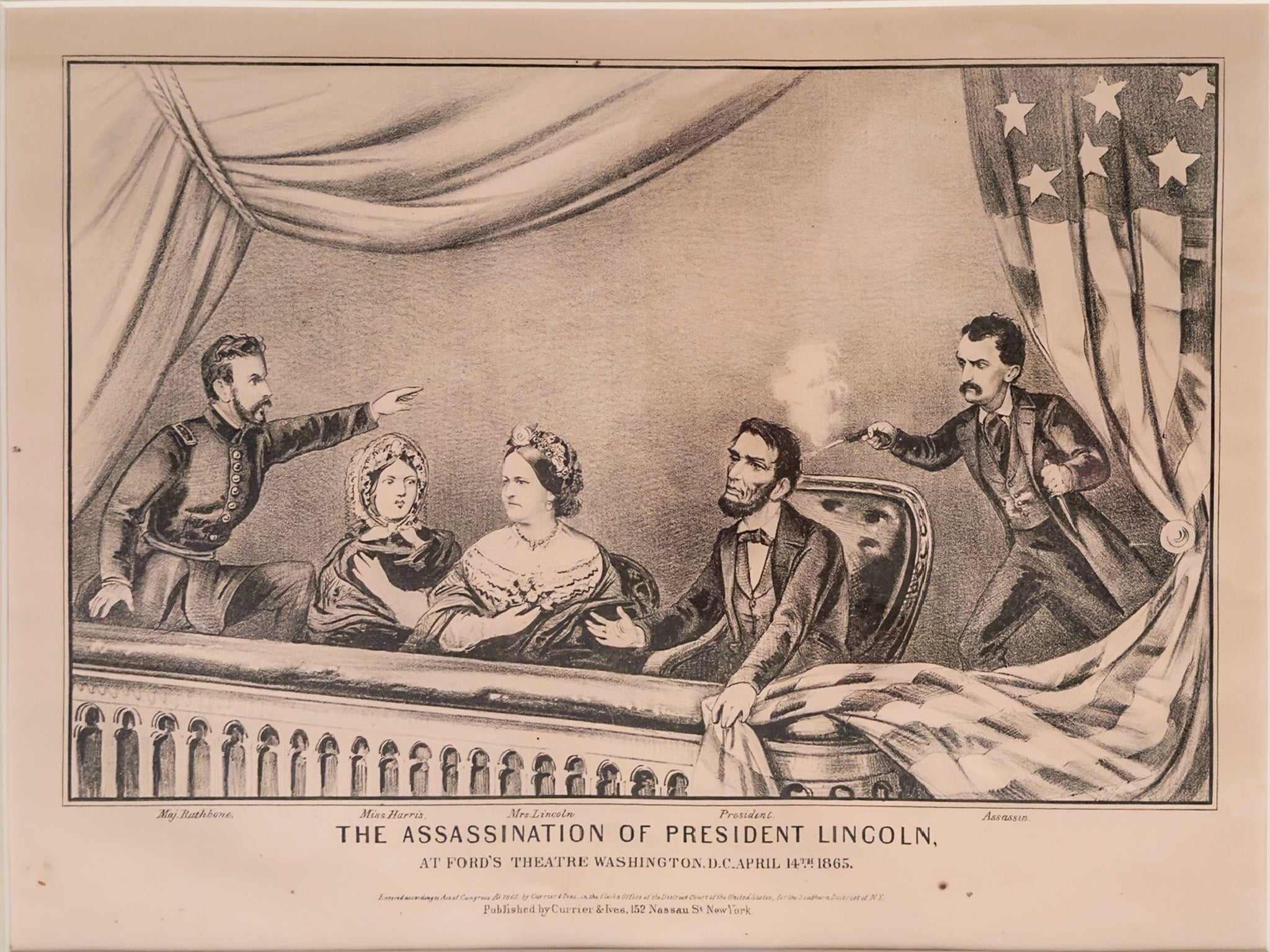 Engraving of the assassination of President Lincoln at Ford's Theatre, Washington, D.C., April 14, 1865.