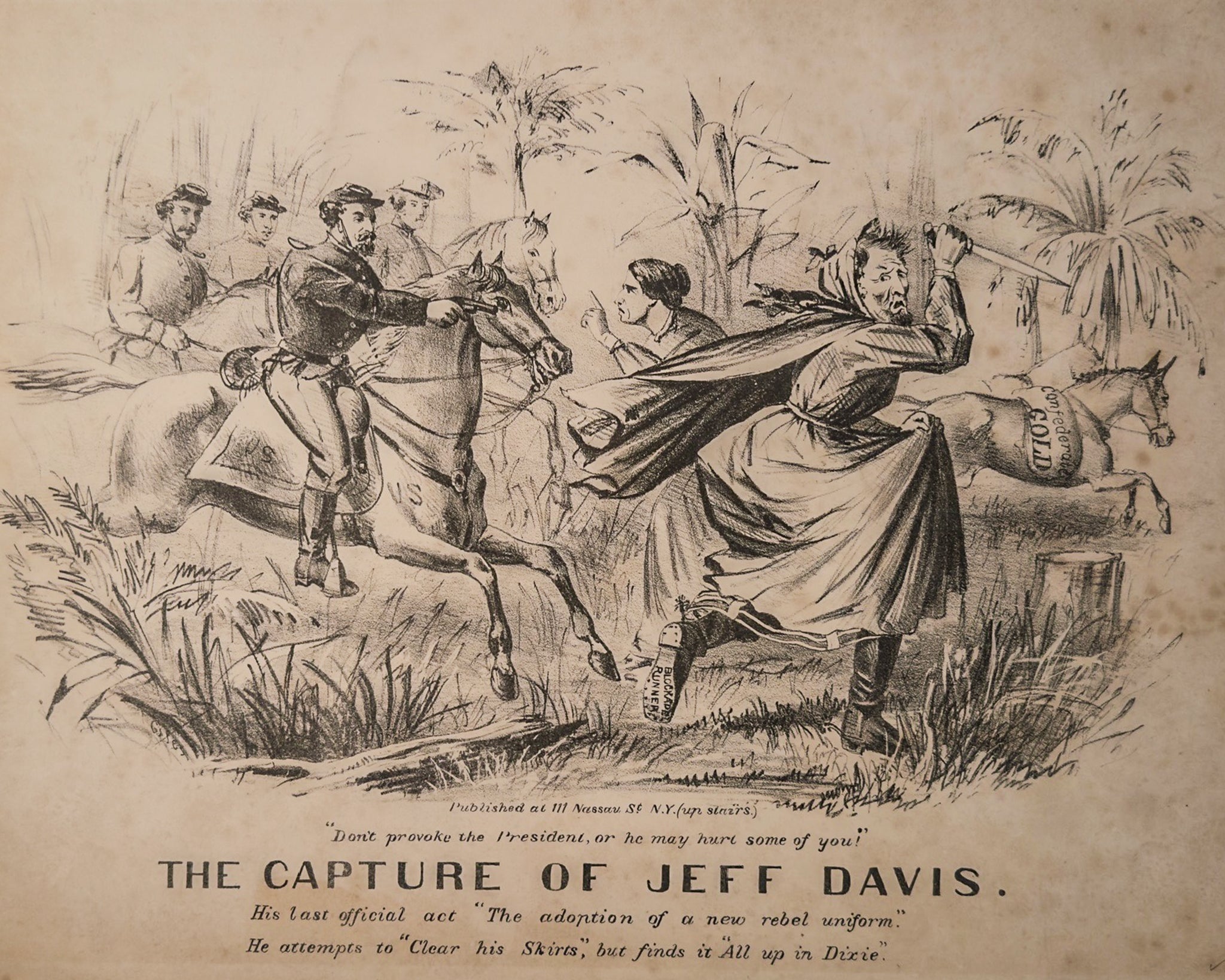 The Capture of Jeff Davis- Antique Civil War Political Satire Lithograph Nassau St NY