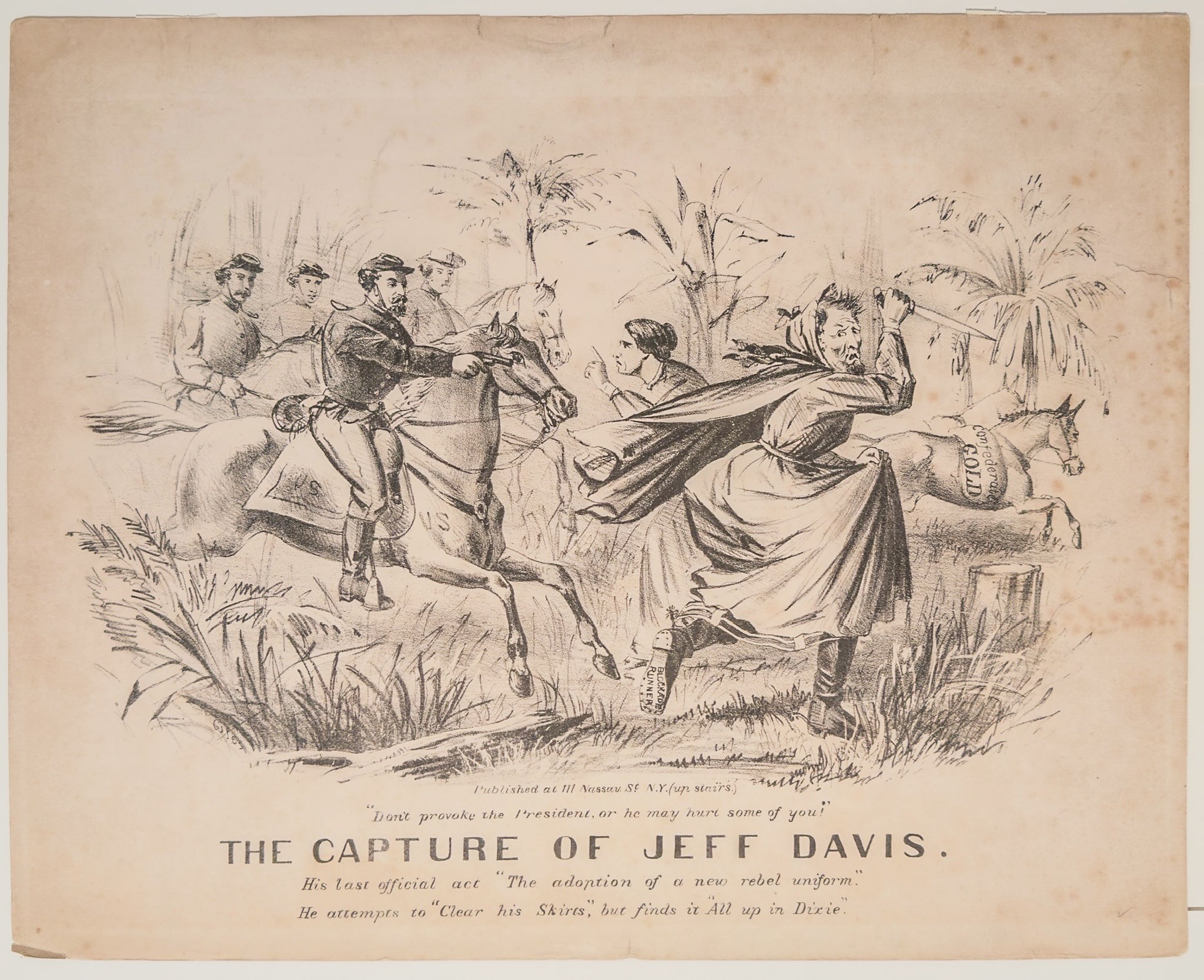 The Capture of Jeff Davis- Antique Civil War Political Satire Lithograph Nassau St NY