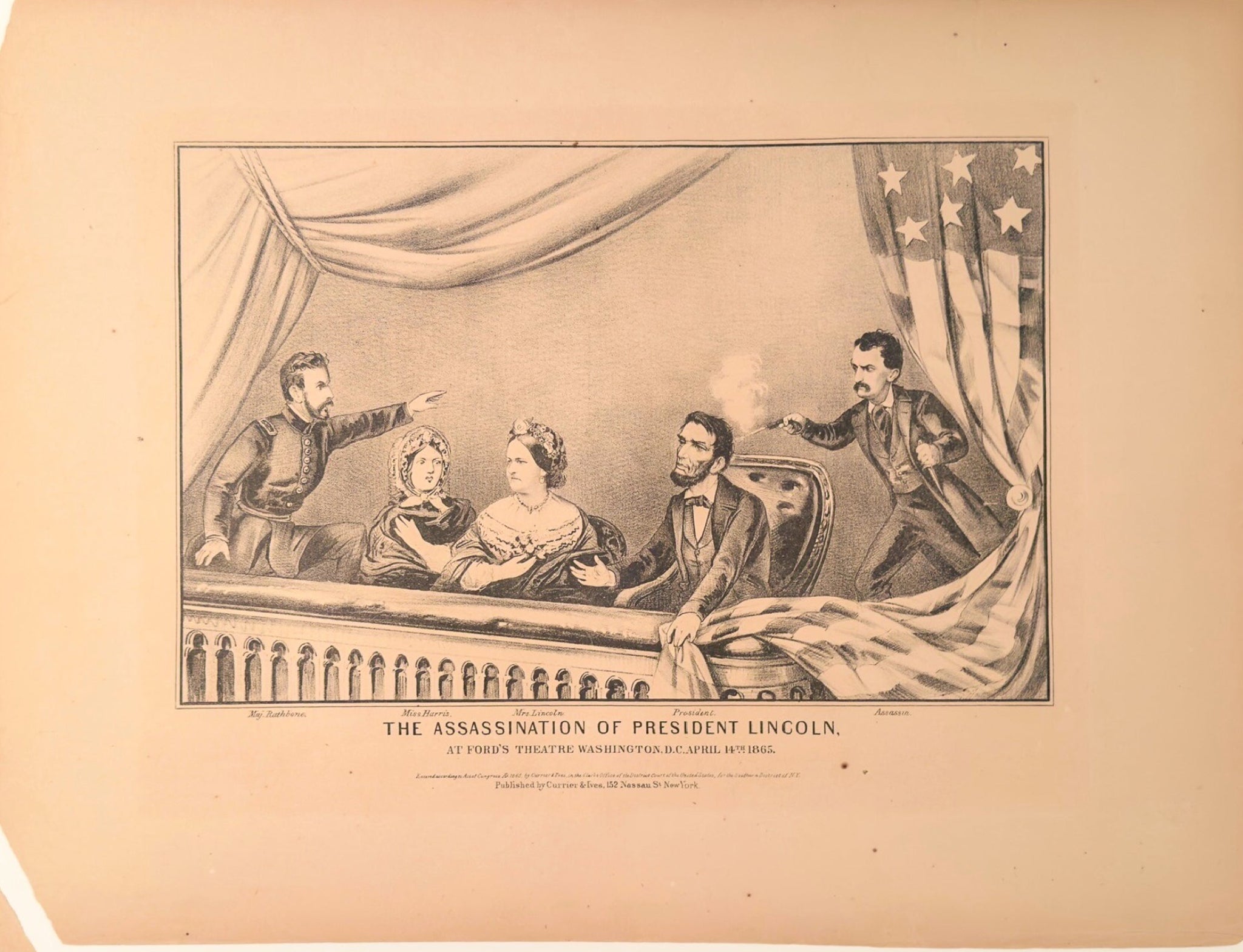 Vintage print of the assassination of President Lincoln with people in a room.