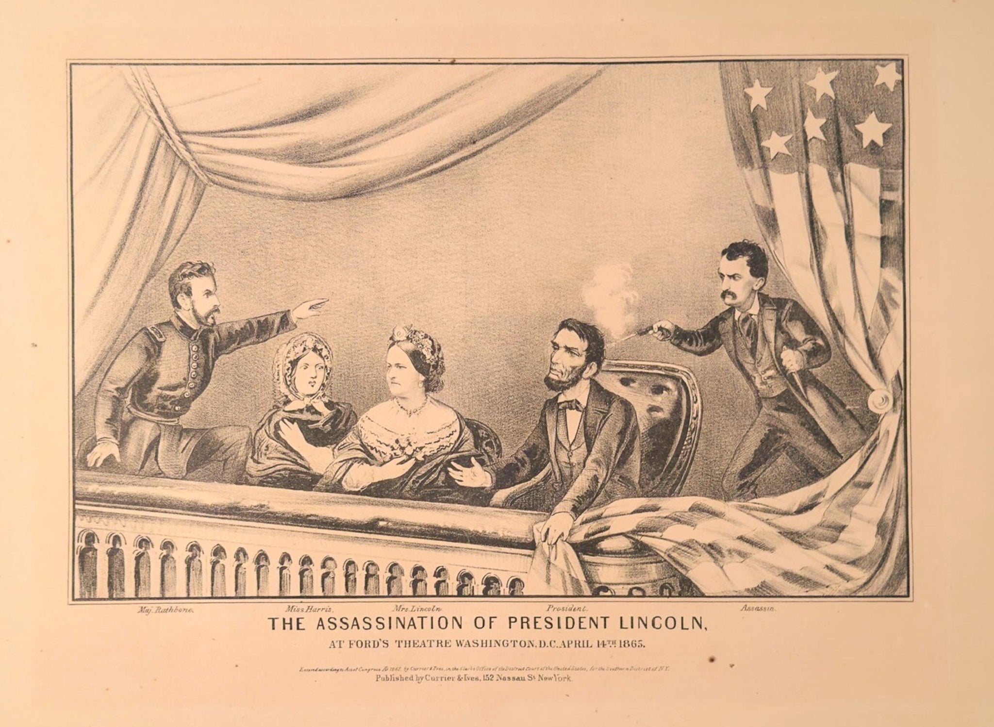 Vintage print of the assassination of President Lincoln with people in a room.