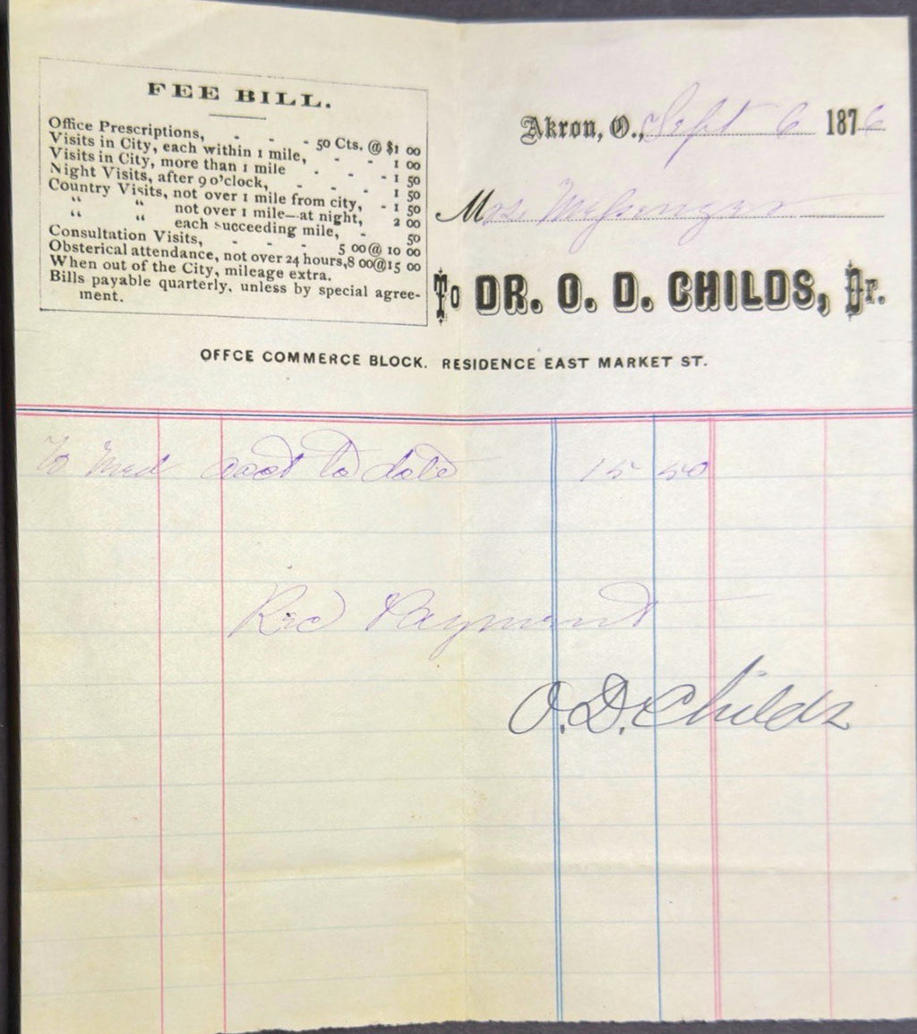 Vintage fee bill from Dr. O.D. Childs, Jr. with printed text and signature.