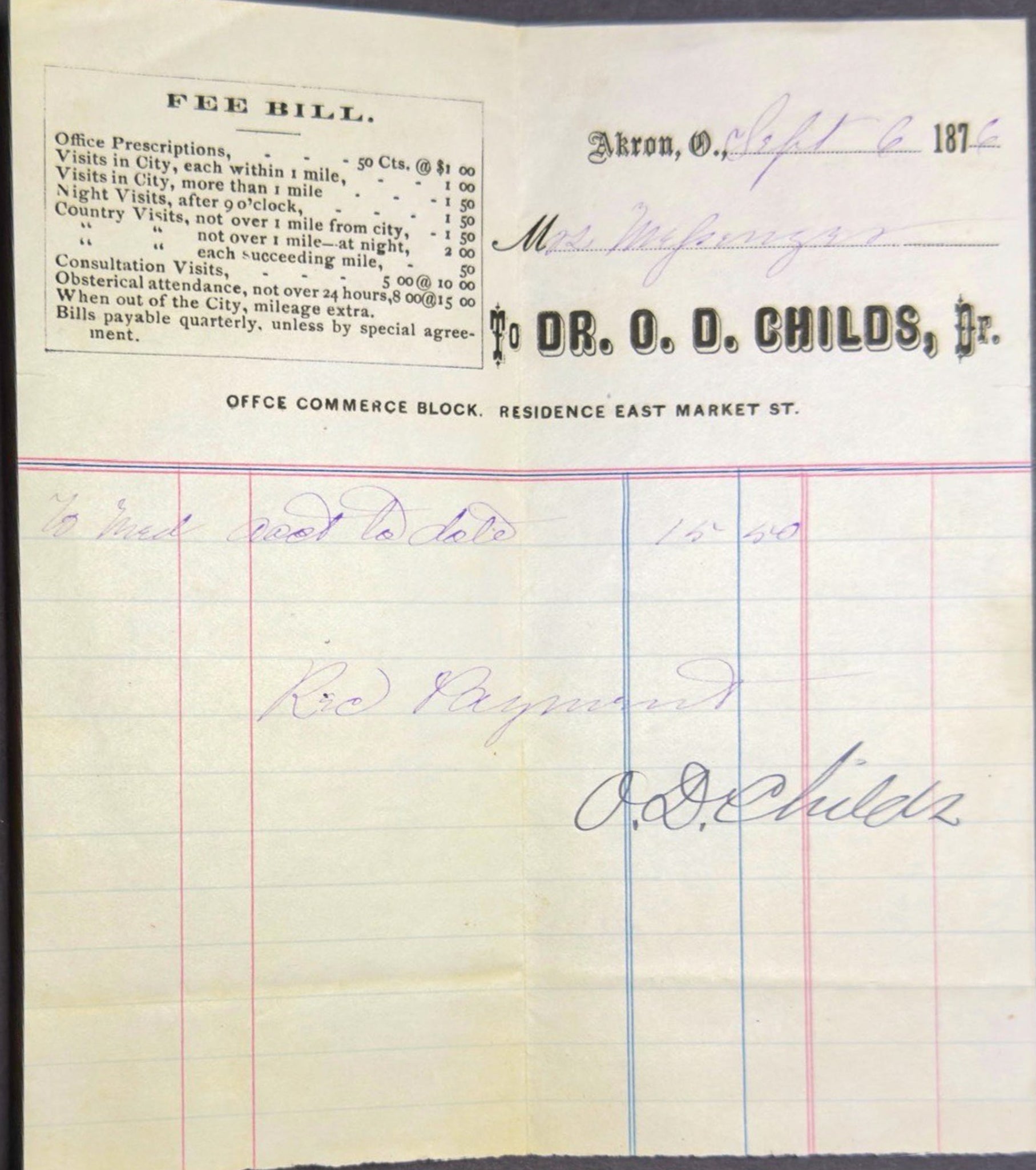 Vintage fee bill from Dr. O.D. Childs, Jr. with printed text and signature.