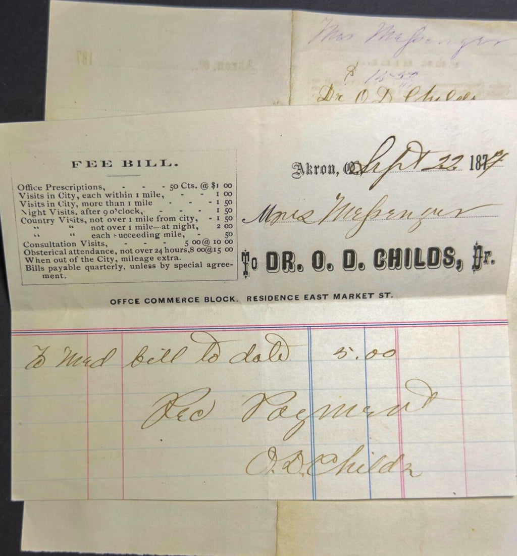 Vintage medical invoice from Dr. O.D. Childs with handwritten text on a dark background