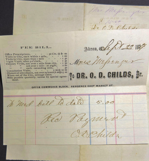 Vintage medical invoice from Dr. O.D. Childs with handwritten text on a dark background