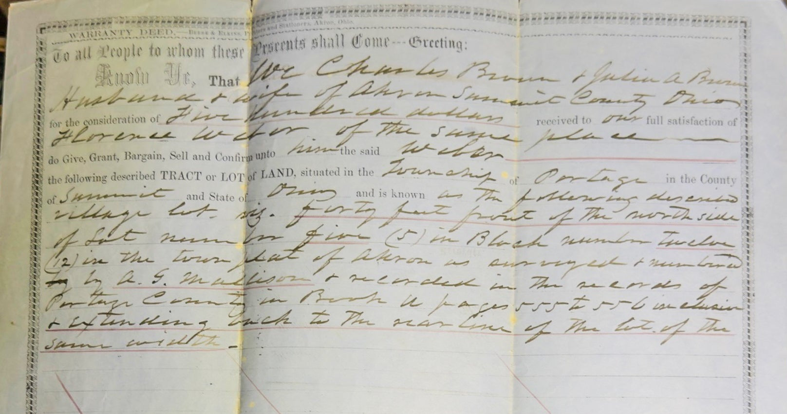 1861 Summit County Ohio WARRANTY DEED Civil War Era Akron Land Document w/ Seal