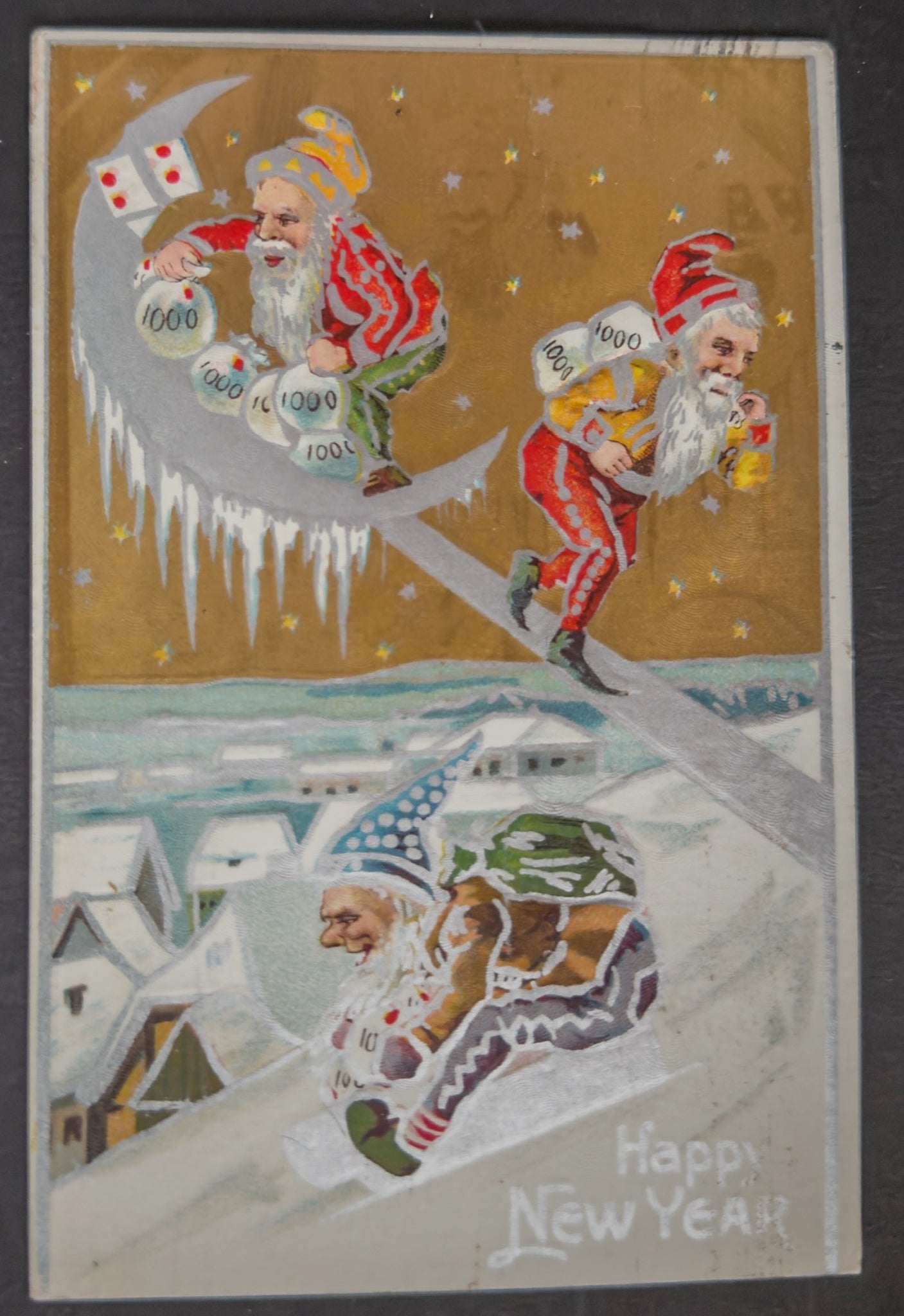 Antique New Year Postcard Gold Gnome Father Time Ice Slide 1900s Ohio