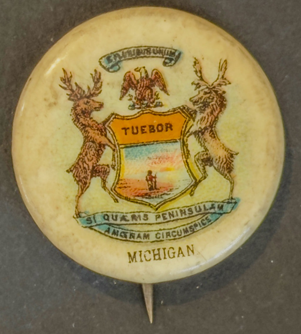 Sweet Caporal Michigan “Tuebor” State Seal Tobacco Premium Pinback Button
