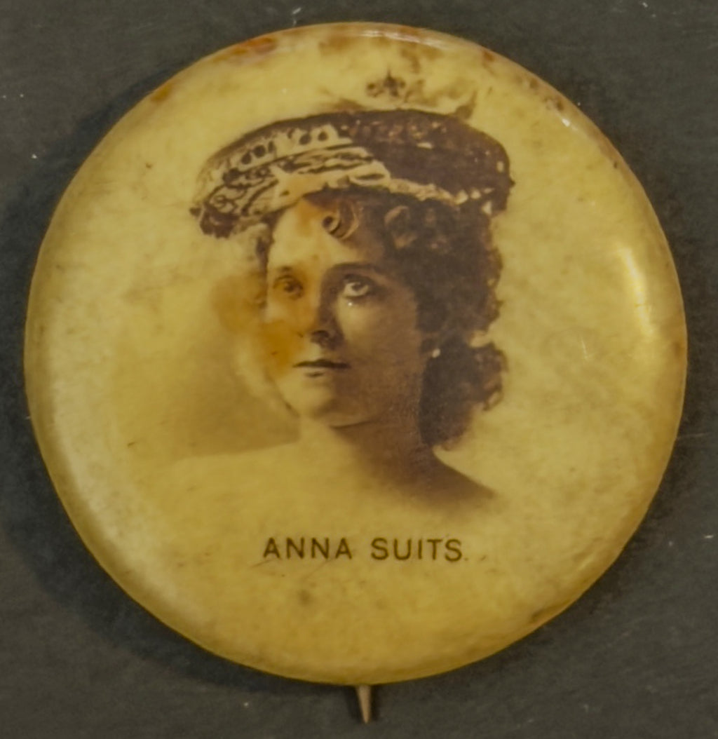 Antique Sweet Caporal Cigarette Pinback “Anna Suits” Portrait Celluloid Button Whitehead Hoag
