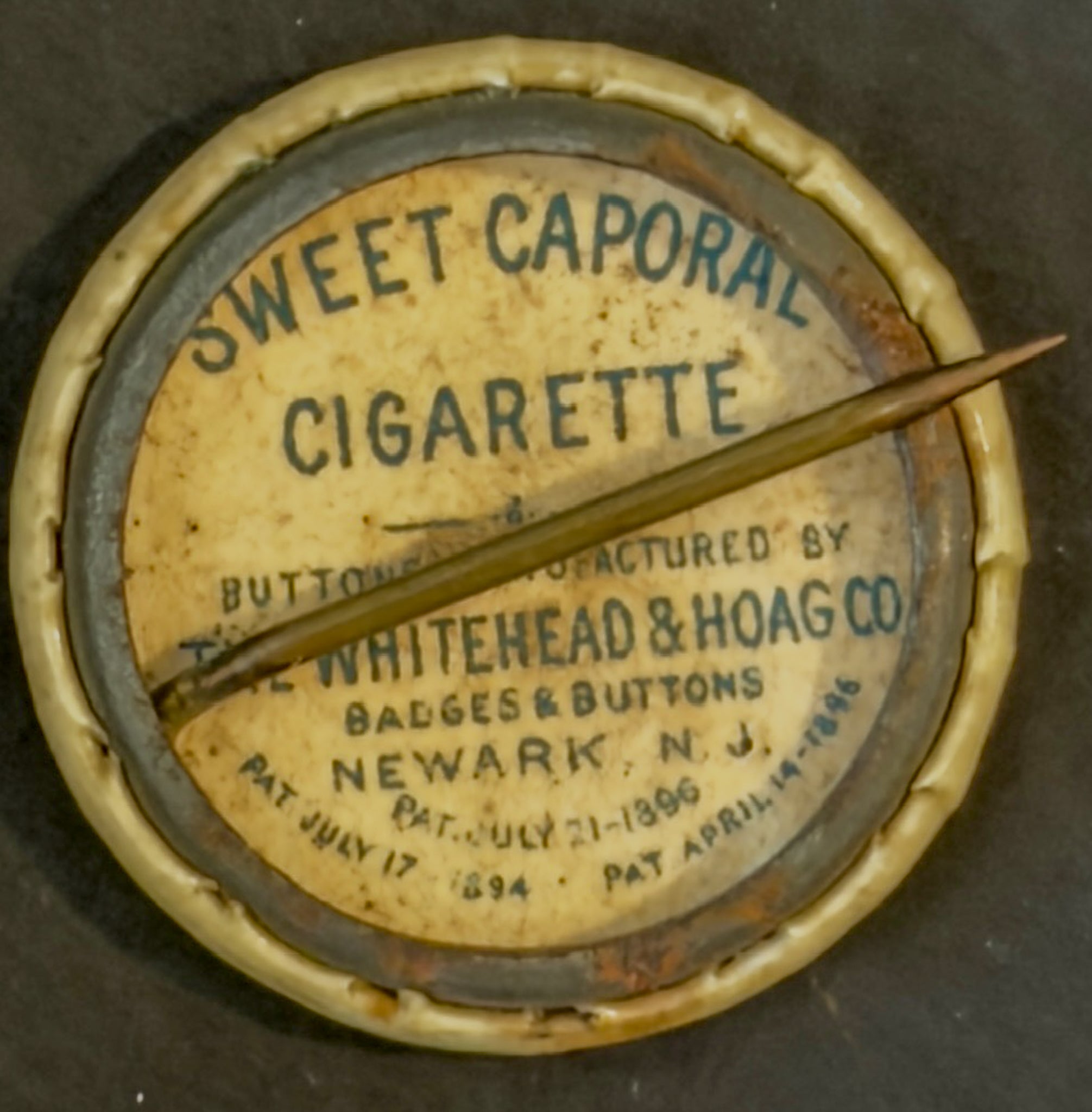 Antique Sweet Caporal Cigarette Celluloid Button Whitehead & Hoag Newark NJ c1895