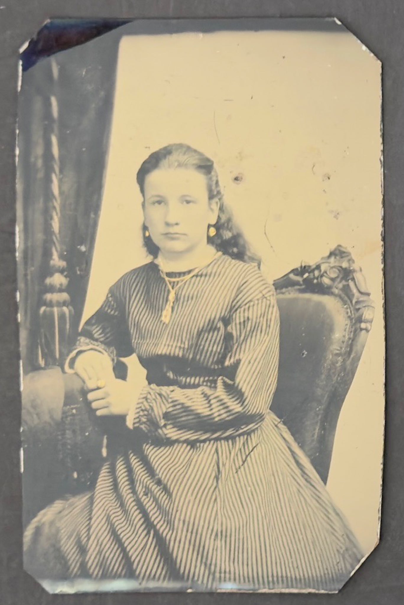 Antique Quarter Plate Tintype Victorian Young Woman Striped Dress