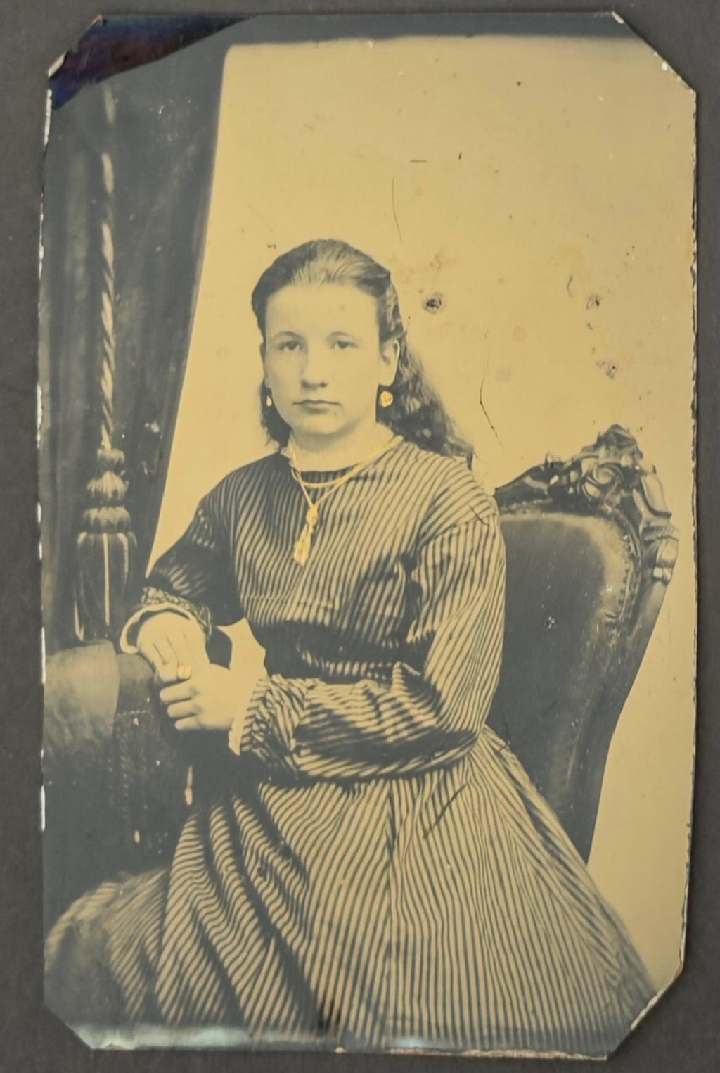 Antique Quarter Plate Tintype Victorian Young Woman Striped Dress