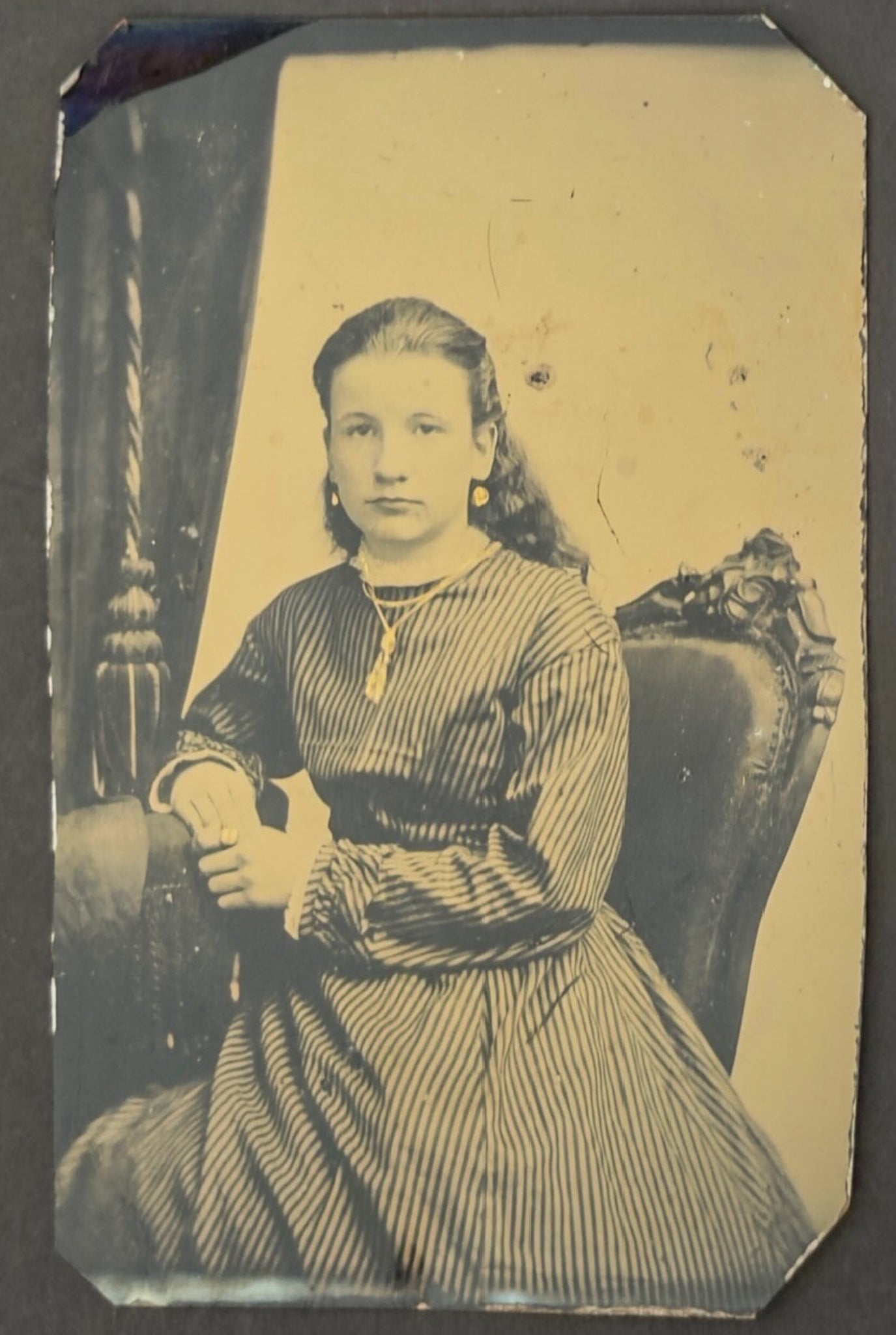 Antique Quarter Plate Tintype Victorian Young Woman Striped Dress