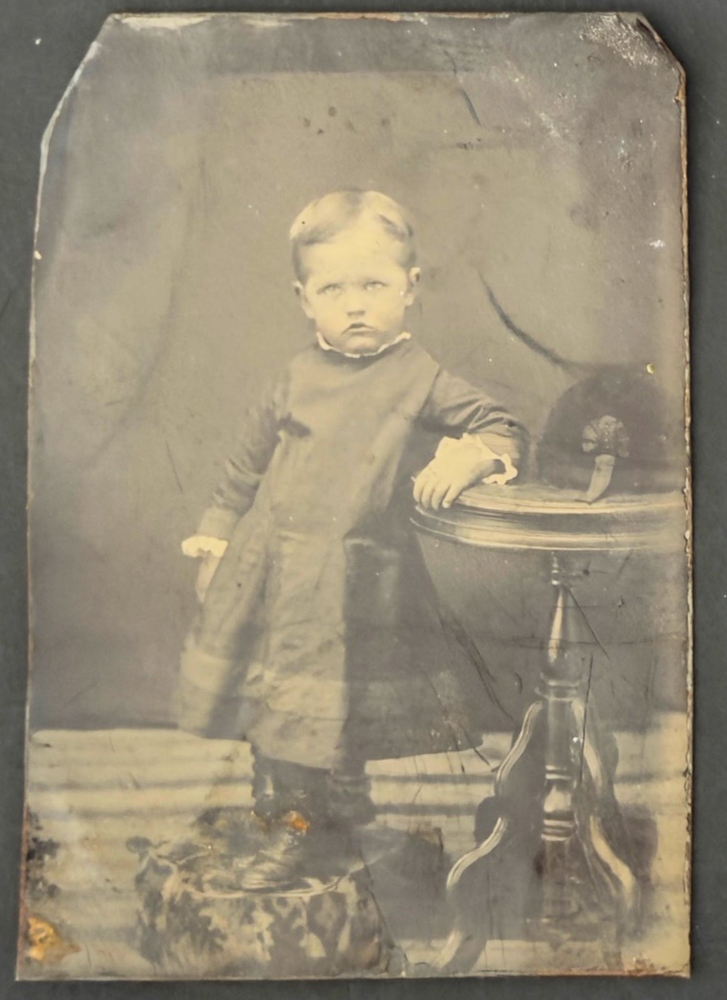 Antique Quarter Plate Tintype Victorian Child Standing Studio Table