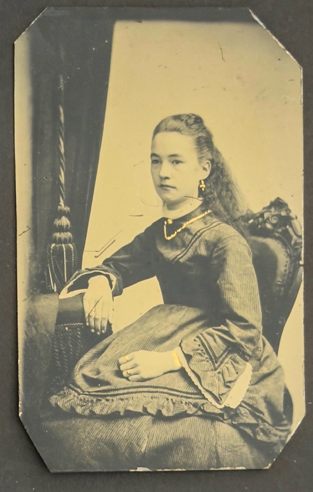 Antique Quarter Plate Tintype Victorian Woman Jewelry Portrait
