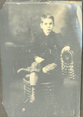 Antique Quarter Plate Tintype Victorian Boy Seated Basket Portrait