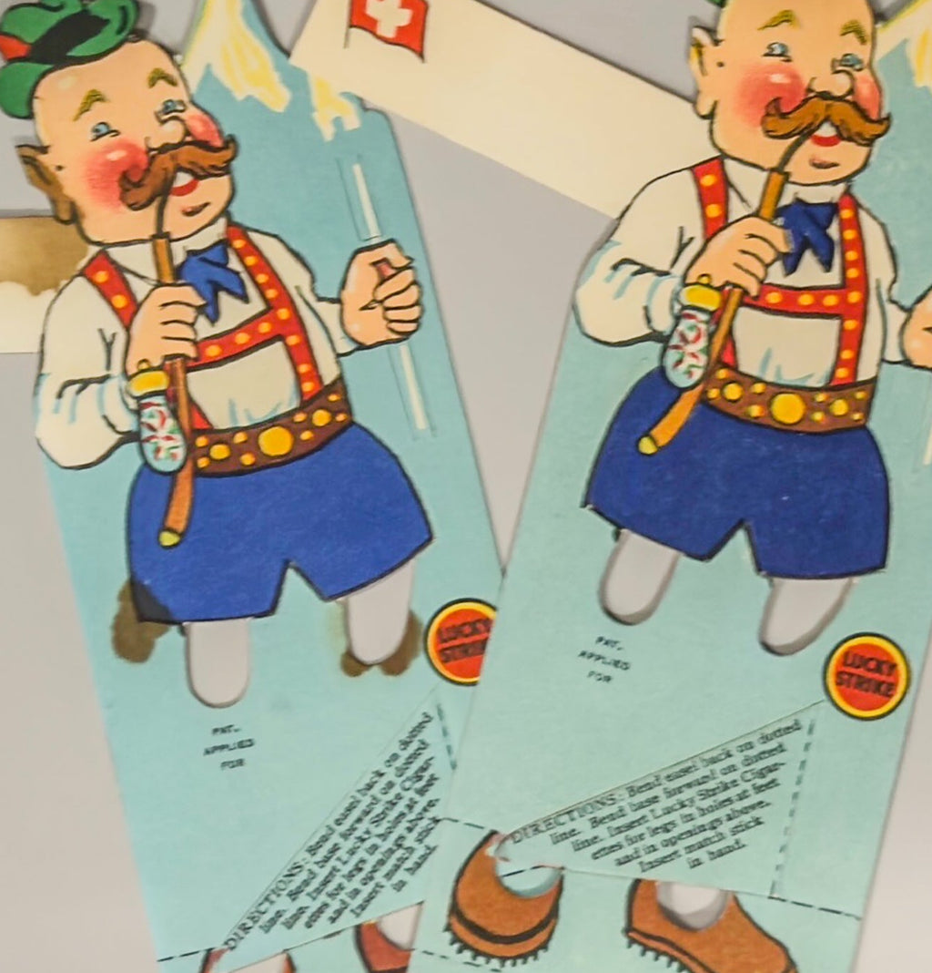 Vintage paper cutout of a character in traditional attire with a Swiss flag, on a light gray background.