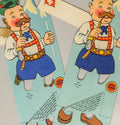 Vintage paper cutout of a character in traditional attire with a Swiss flag, on a light gray background.