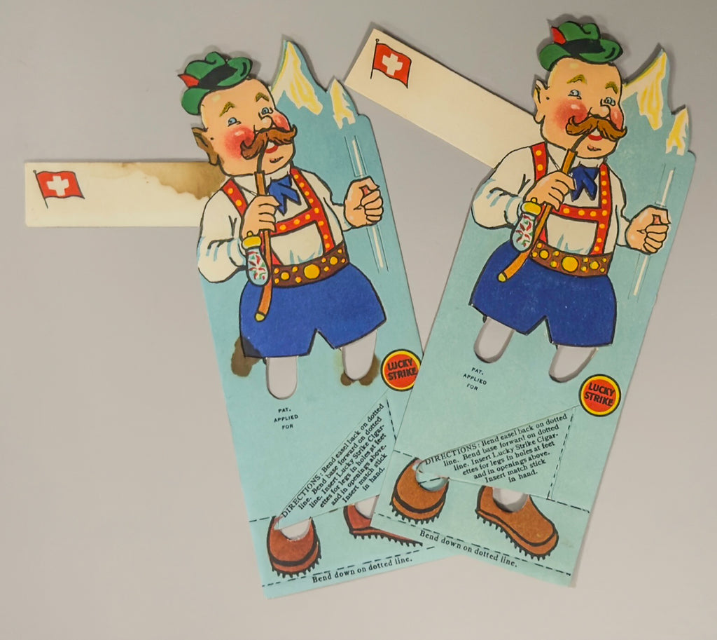 Vintage Lucky Strike Swiss Alpine Man Die Cut Easel Display 1930s (Pair)