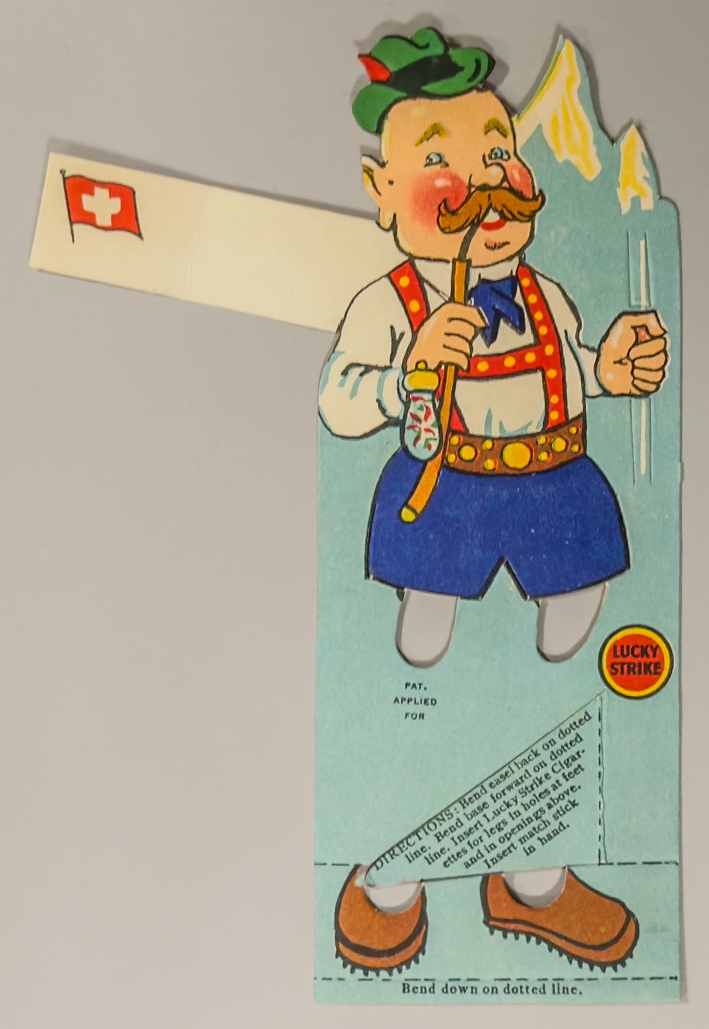 Vintage Lucky Strike Swiss Alpine Man Die Cut Easel Display 1930s (Pair)