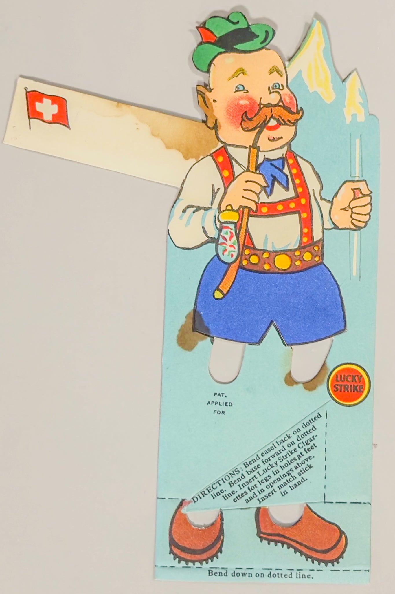Vintage Lucky Strike Swiss Alpine Man Die Cut Easel Display 1930s (Pair)