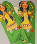 Vintage die-cut of an Native American woman with a bow and arrow on green paper.
