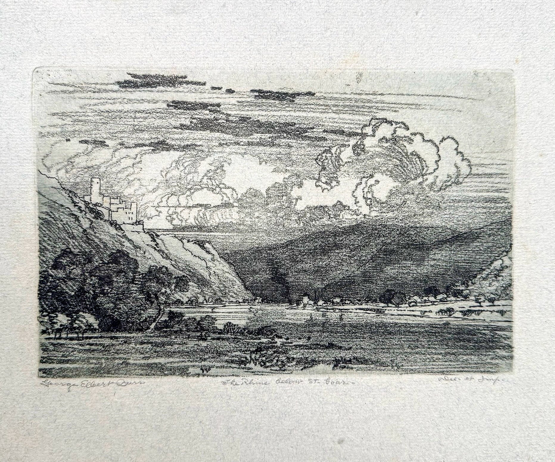 George Elbert Burr (American, 1859–1939) “The Rhine, below St. Goar” — Original hand-signed soft-ground etching (c. early 20th century)