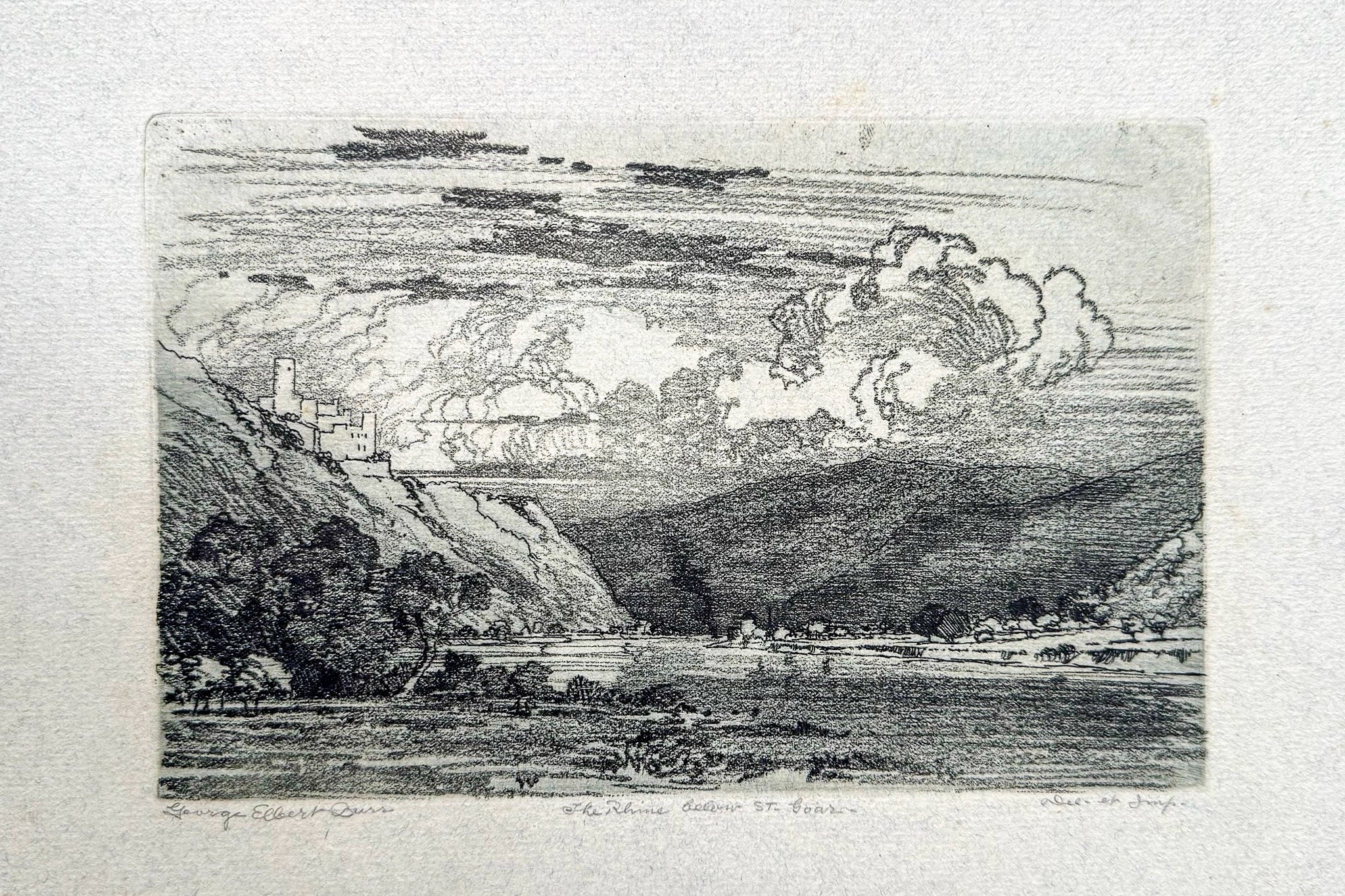 George Elbert Burr (American, 1859–1939) “The Rhine, below St. Goar” — Original hand-signed soft-ground etching (c. early 20th century)