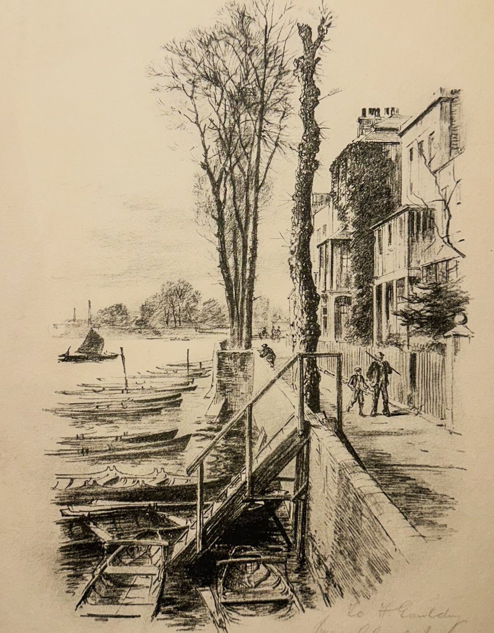 Charles Oliver Murray Etching “Mort Lake” Riverside Scene, 12x9, Antique Original Etching, Inscribed