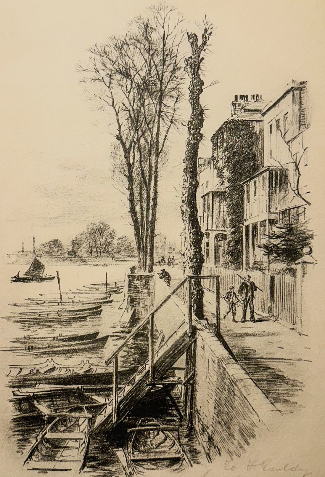 Charles Oliver Murray Etching “Mort Lake” Riverside Scene, 12x9, Antique Original Etching, Inscribed