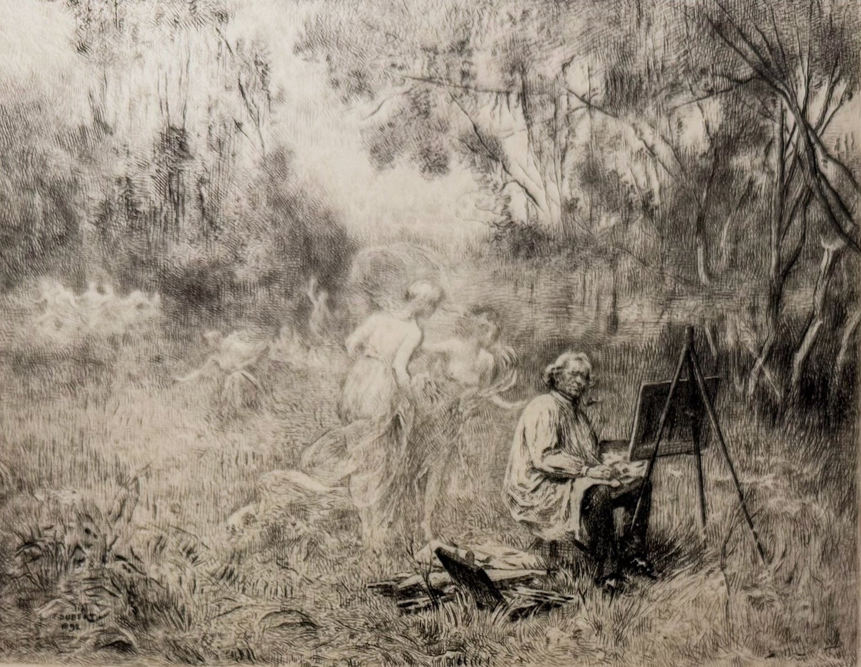 Artistic depiction of a painter in nature with figures in the background