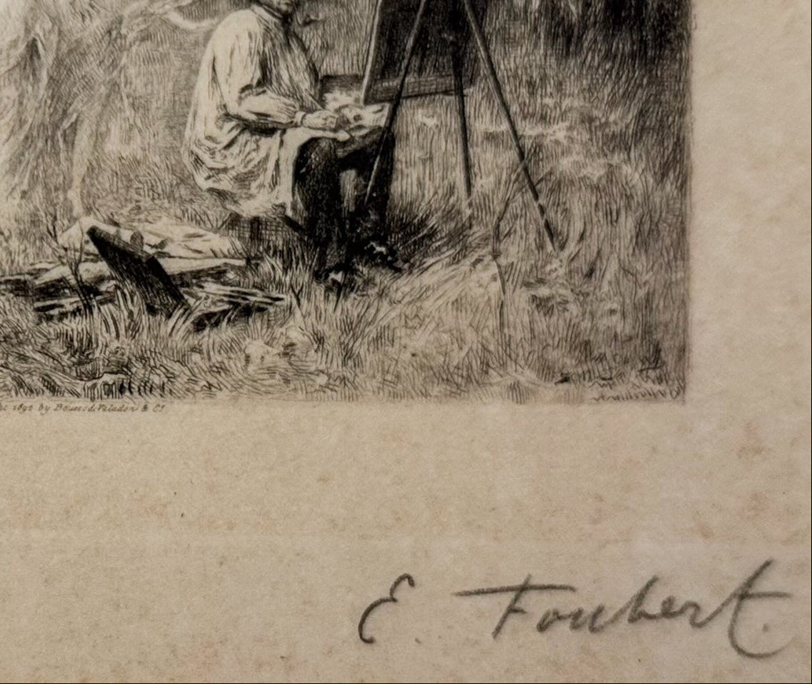 Vintage etching of a person by an easel in a natural setting, signed 'E. Fouchet'.